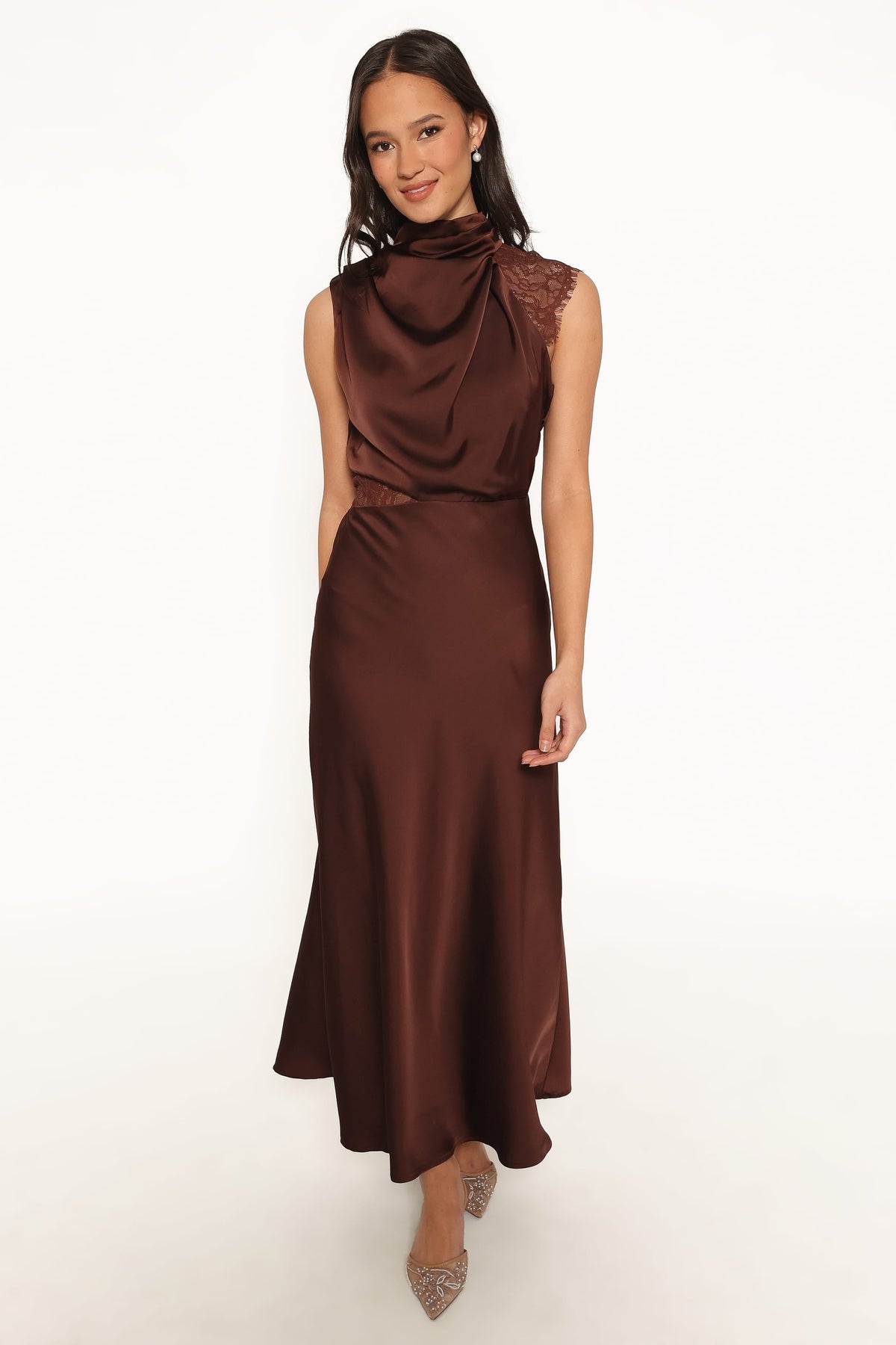 Anabelle Halter Neck Lace Maxi Dress in Chocolate Brown – view 2 of 7