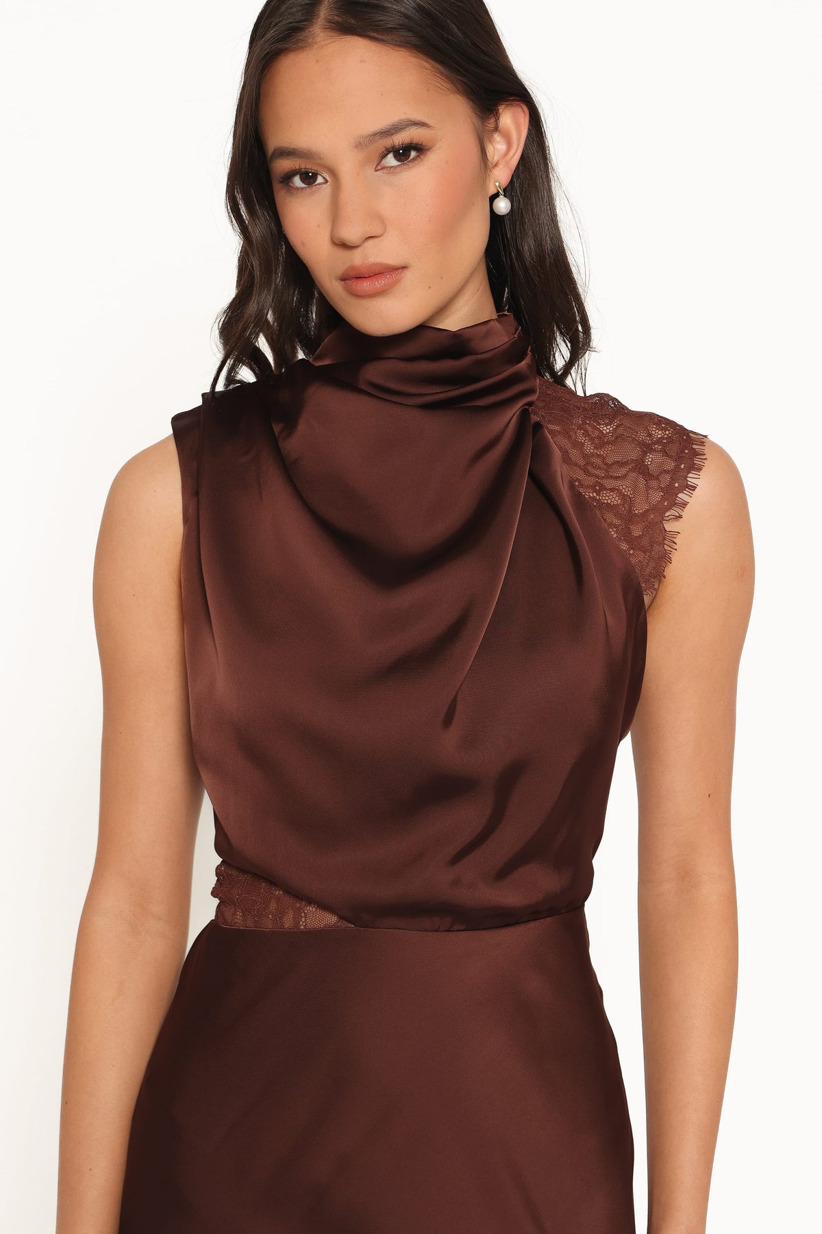 Anabelle Halter Neck Lace Maxi Dress in Chocolate Brown – view 3 of 7