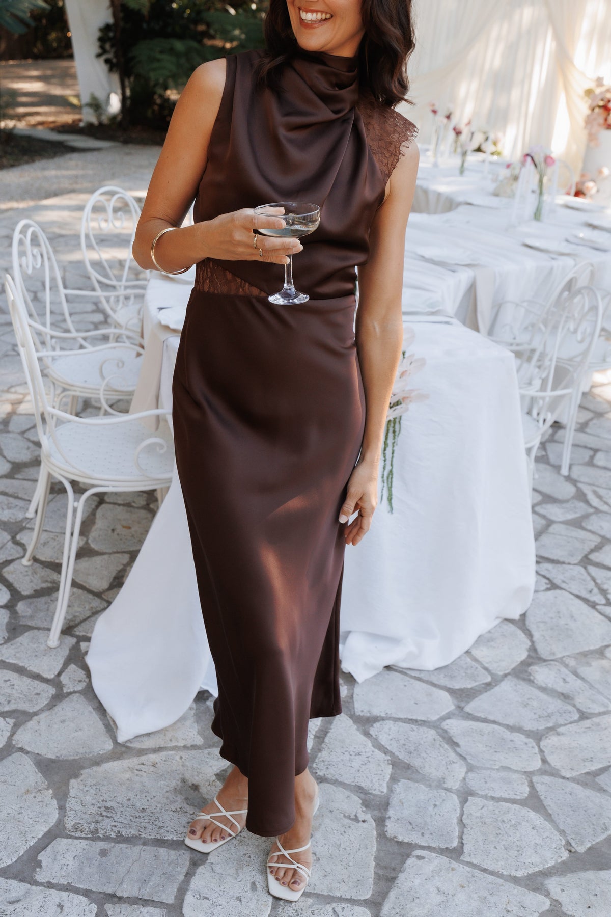 Anabelle Halter Neck Lace Maxi Dress in Chocolate Brown – view 1 of 7