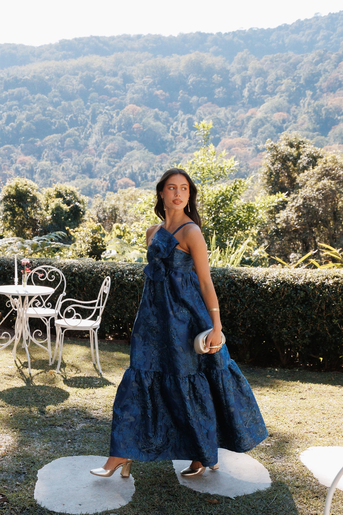 Betina Bow Front Maxi Dress in Blue Brocade – view 1 of 7