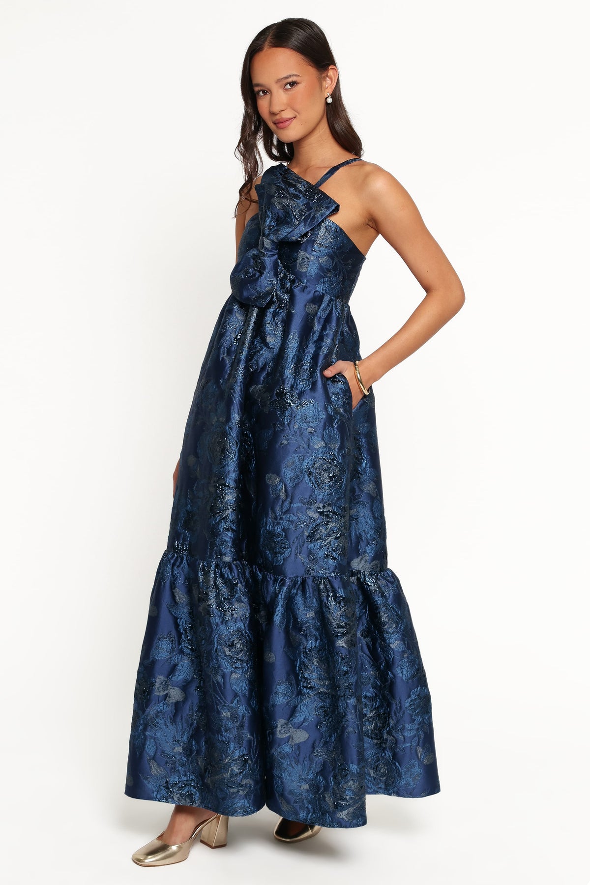 Betina Bow Front Maxi Dress in Blue Brocade – view 4 of 7