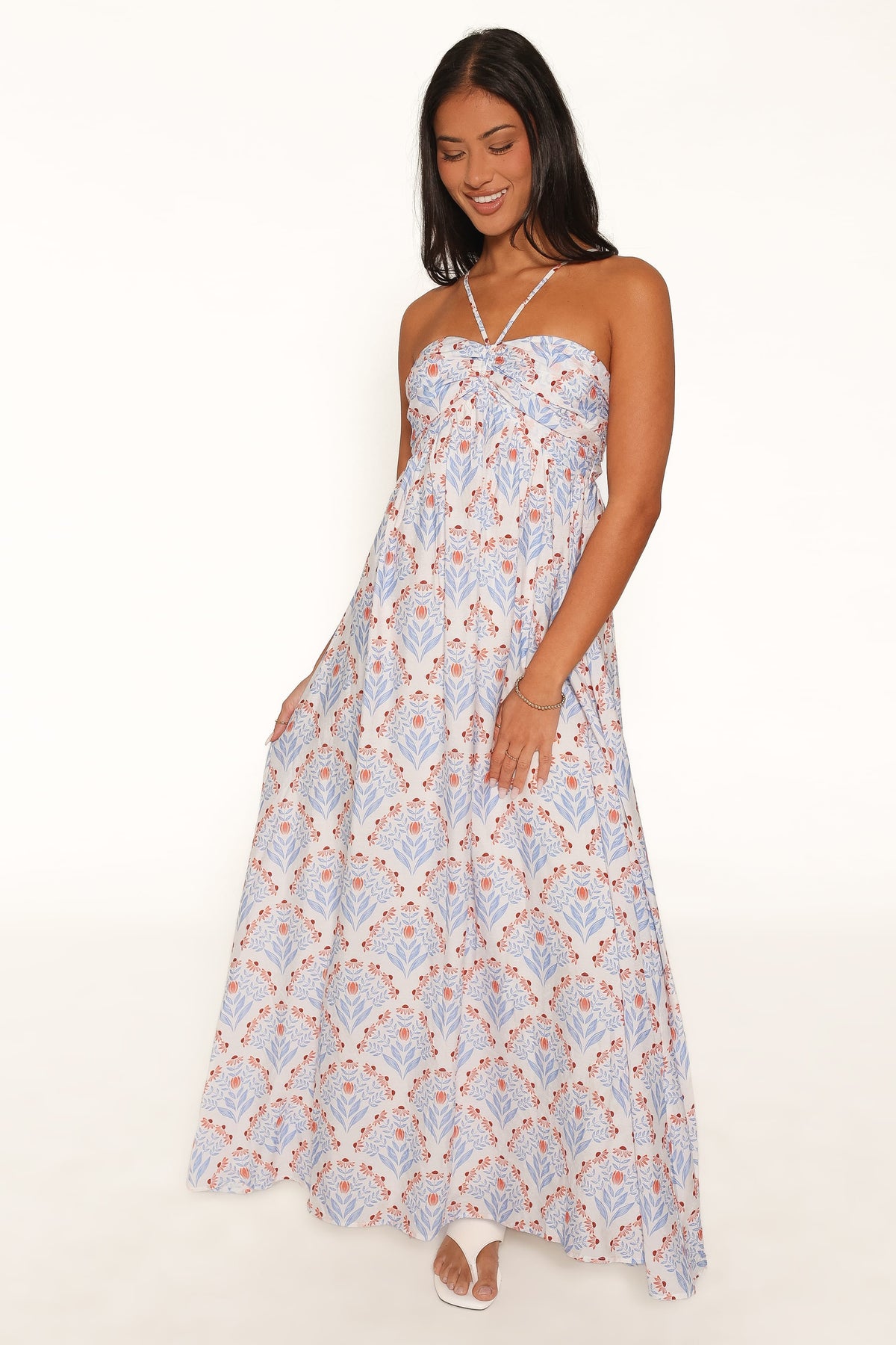 Cascade Halterneck Maxi Dress in White Blue – view 1 of 5