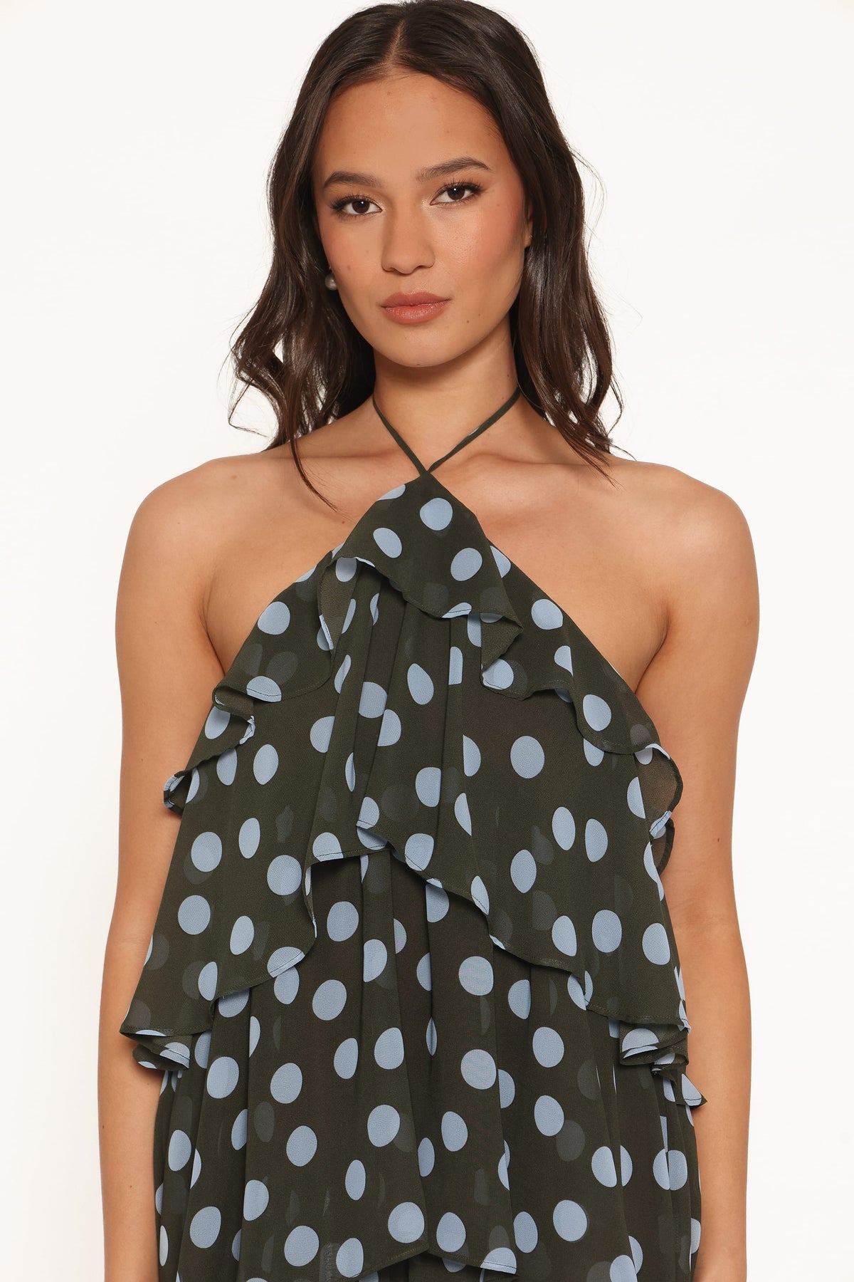 Chasity Halterneck Maxi Dress in Olive Polka Dot – view 2 of 6