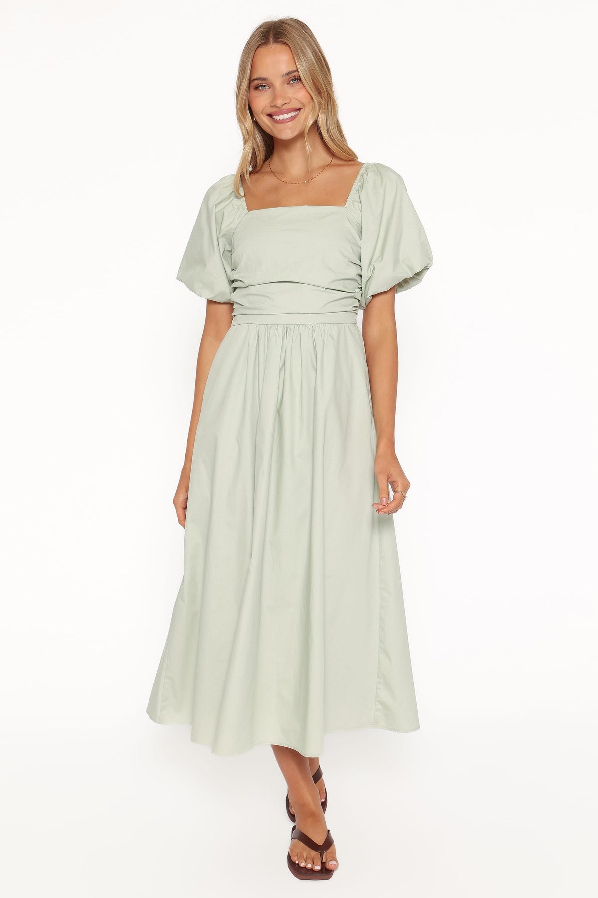 Clo Puff Sleeve Midi Dress in Sage Green – view 2 of 8