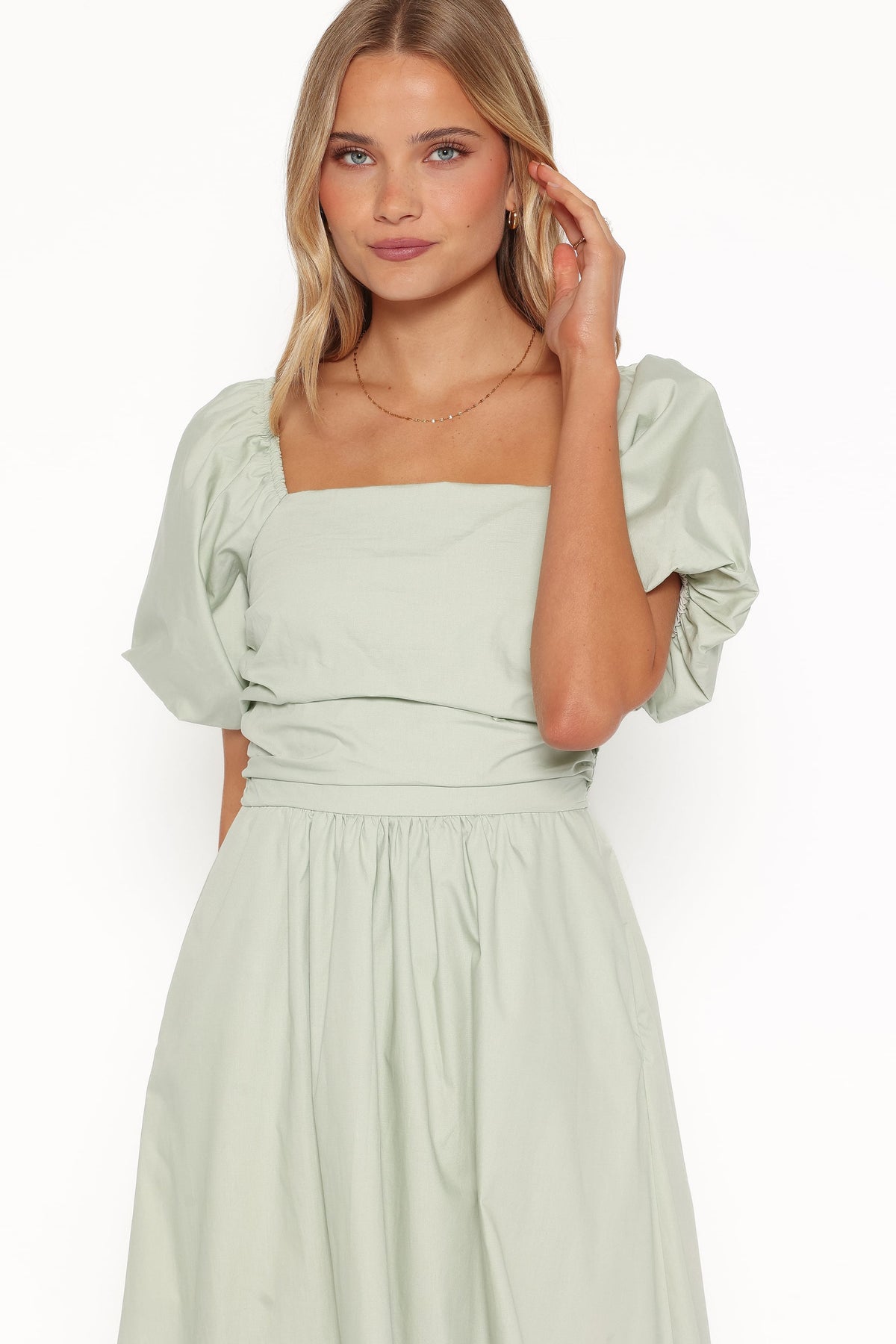 Clo Puff Sleeve Midi Dress in Sage Green – view 3 of 8