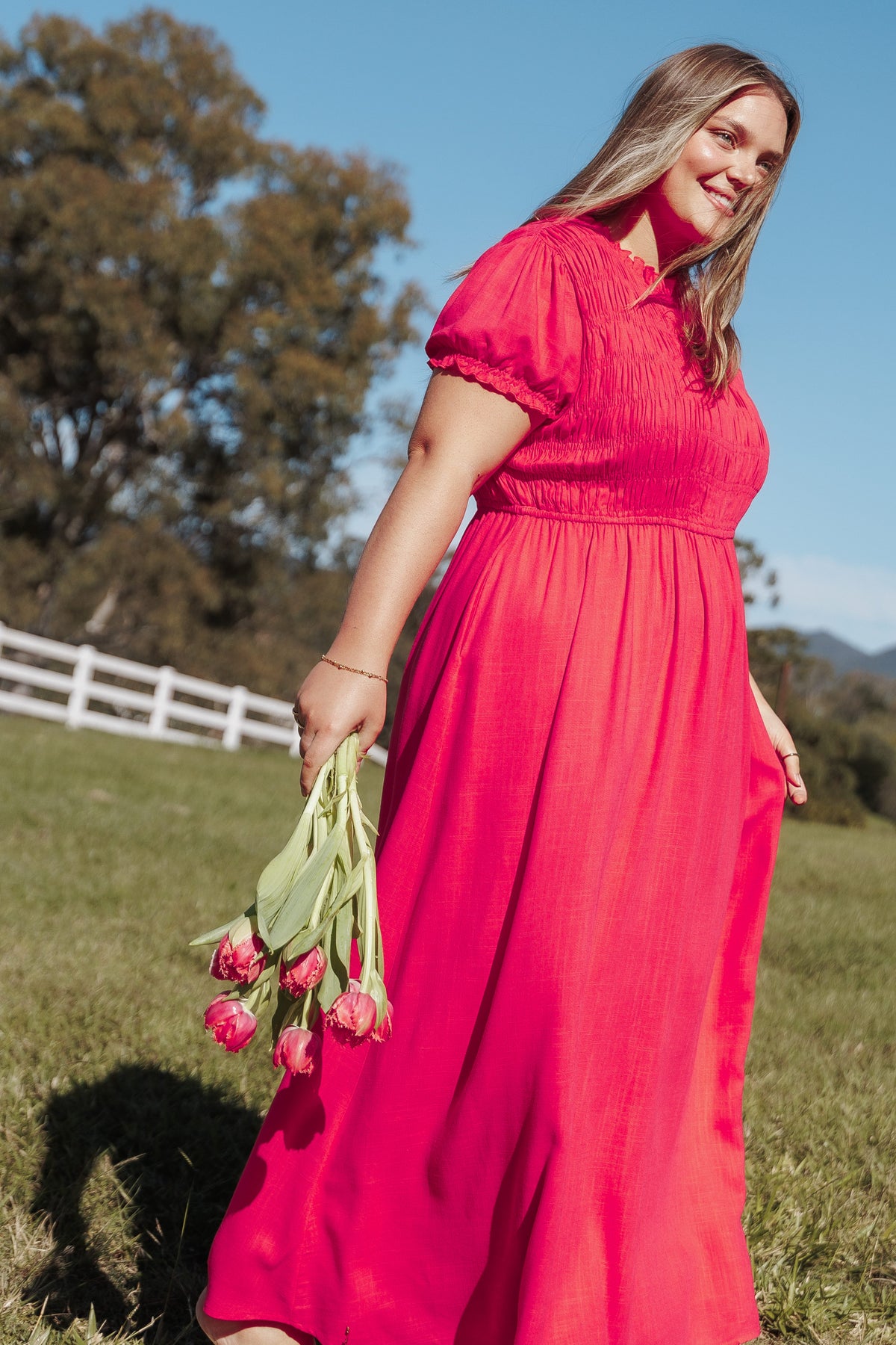 Darla Puff Sleeve Dress in Hot Coral – view 8 of 8