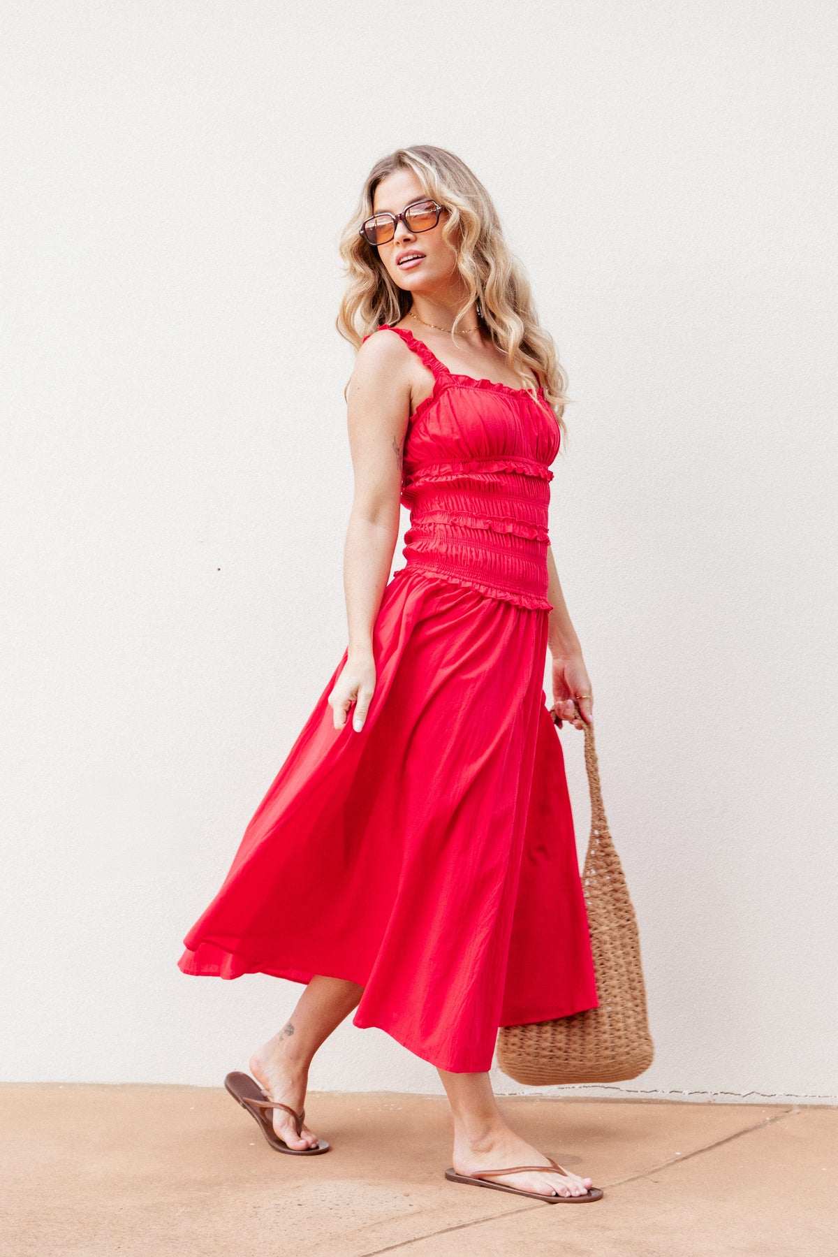 Enola Gather Midi Dress in Red – view 1 of 8