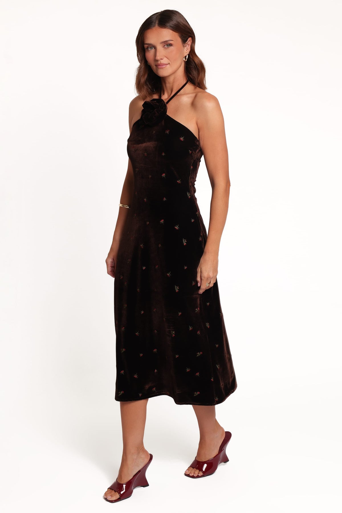 Enrique Halterneck Velvet Dress in Brown Floral – view 1 of 6