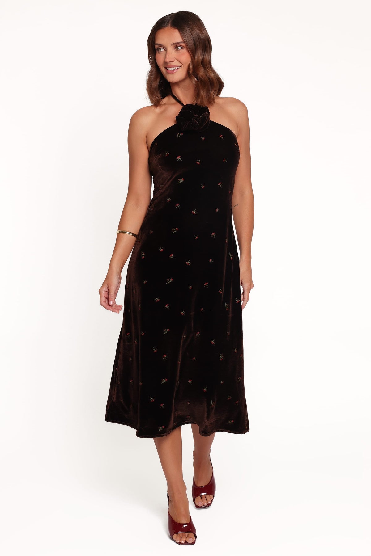 Enrique Halterneck Velvet Dress in Brown Floral – view 2 of 6
