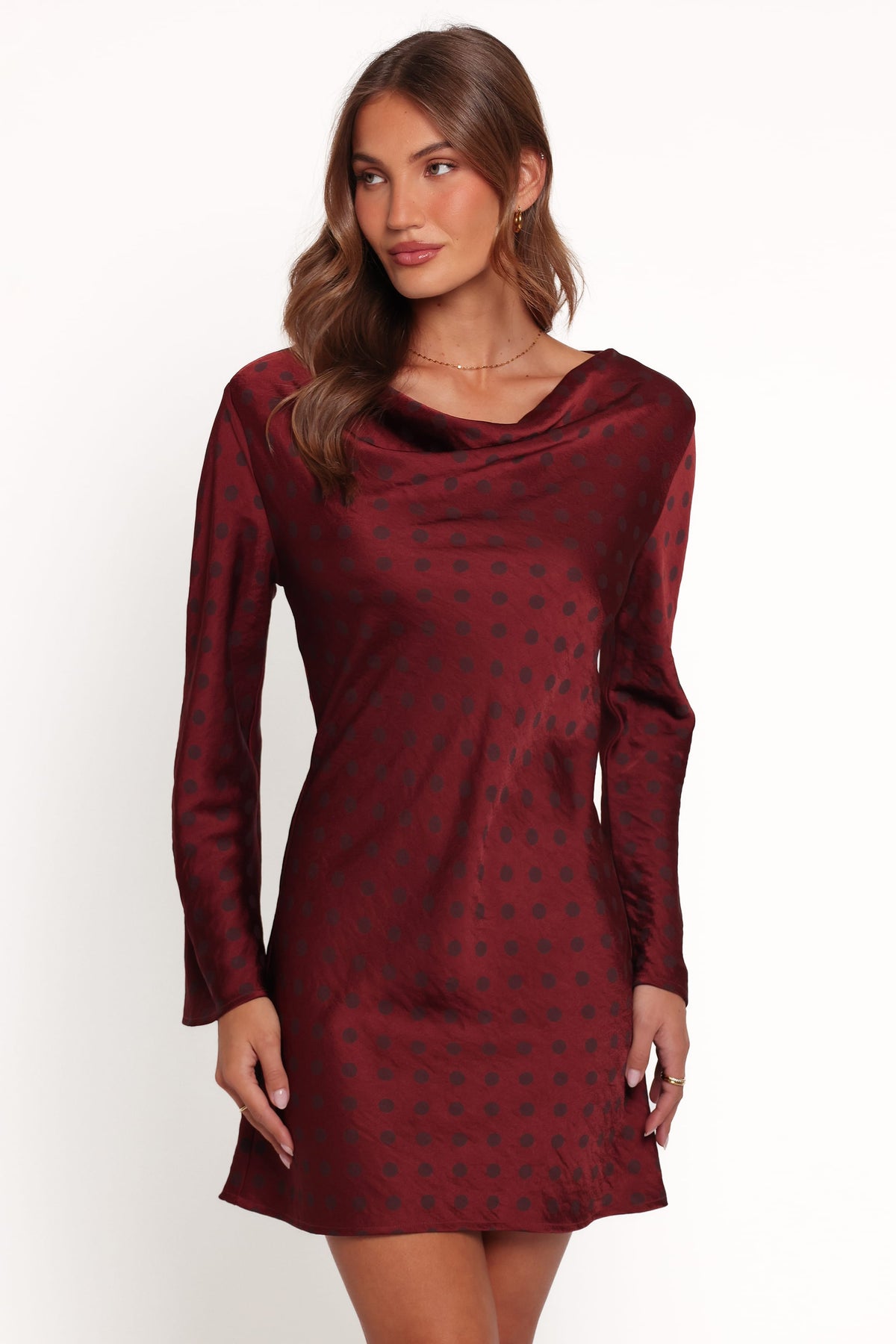 Idalee Long Sleeve Mini Dress in Brown/Maroon Polka Dot – view 5 of 6