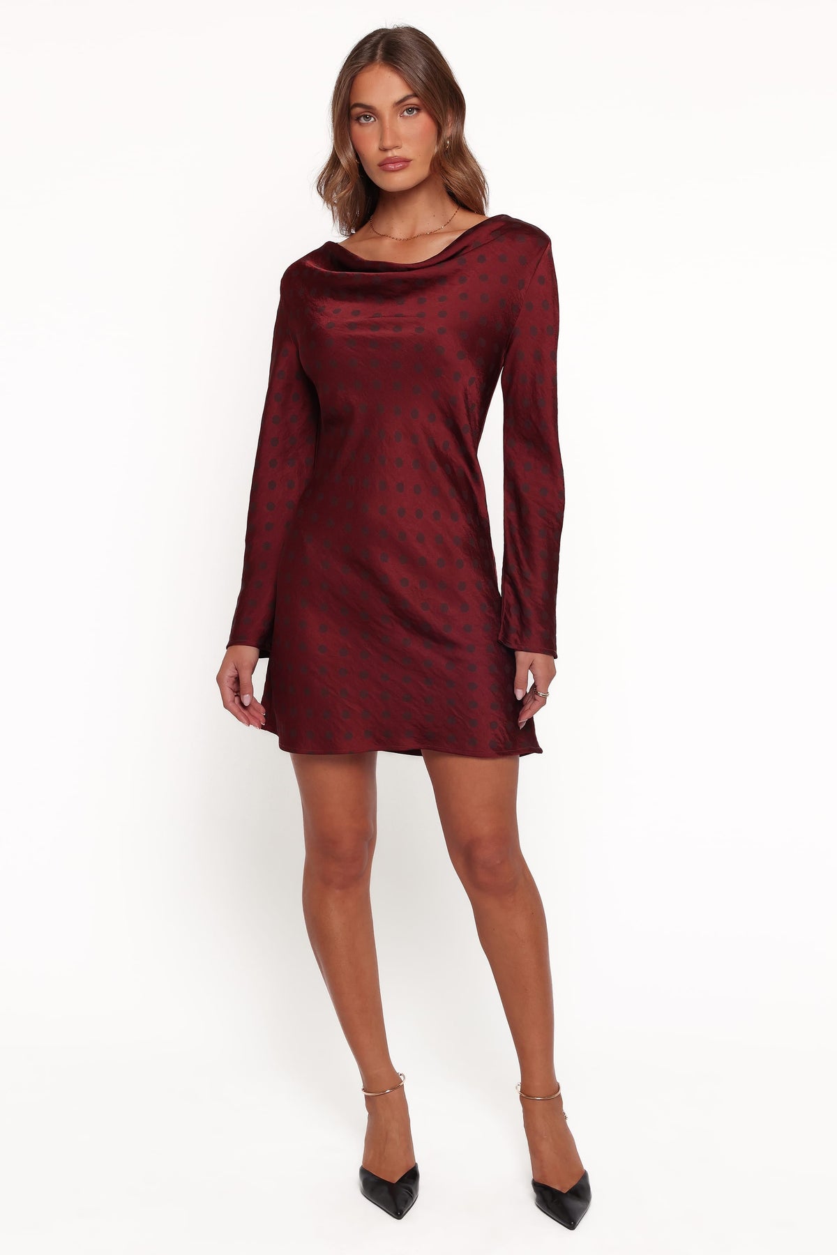 Idalee Long Sleeve Mini Dress in Brown/Maroon Polka Dot – view 2 of 6