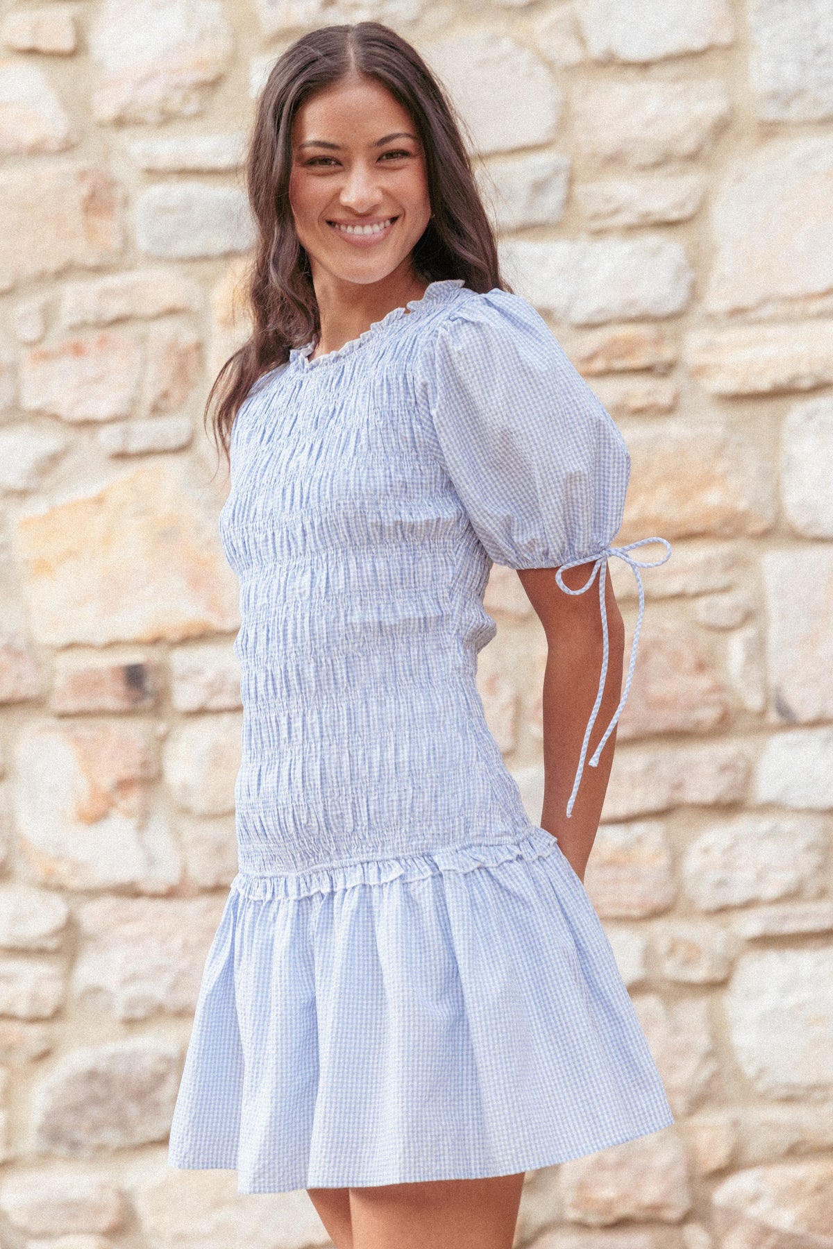 Kaelyn Gather Mini Dress in Blue Gingham – view 1 of 9