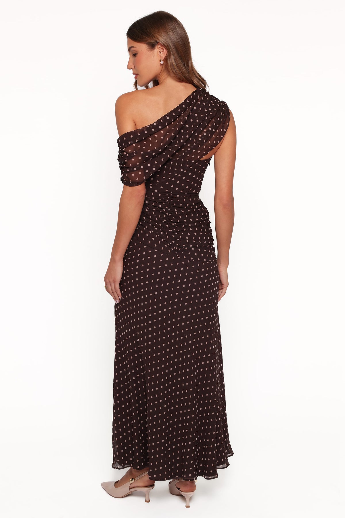 Kyrene Off Shoulder Maxi Dress in Brown Spot – view 4 of 5