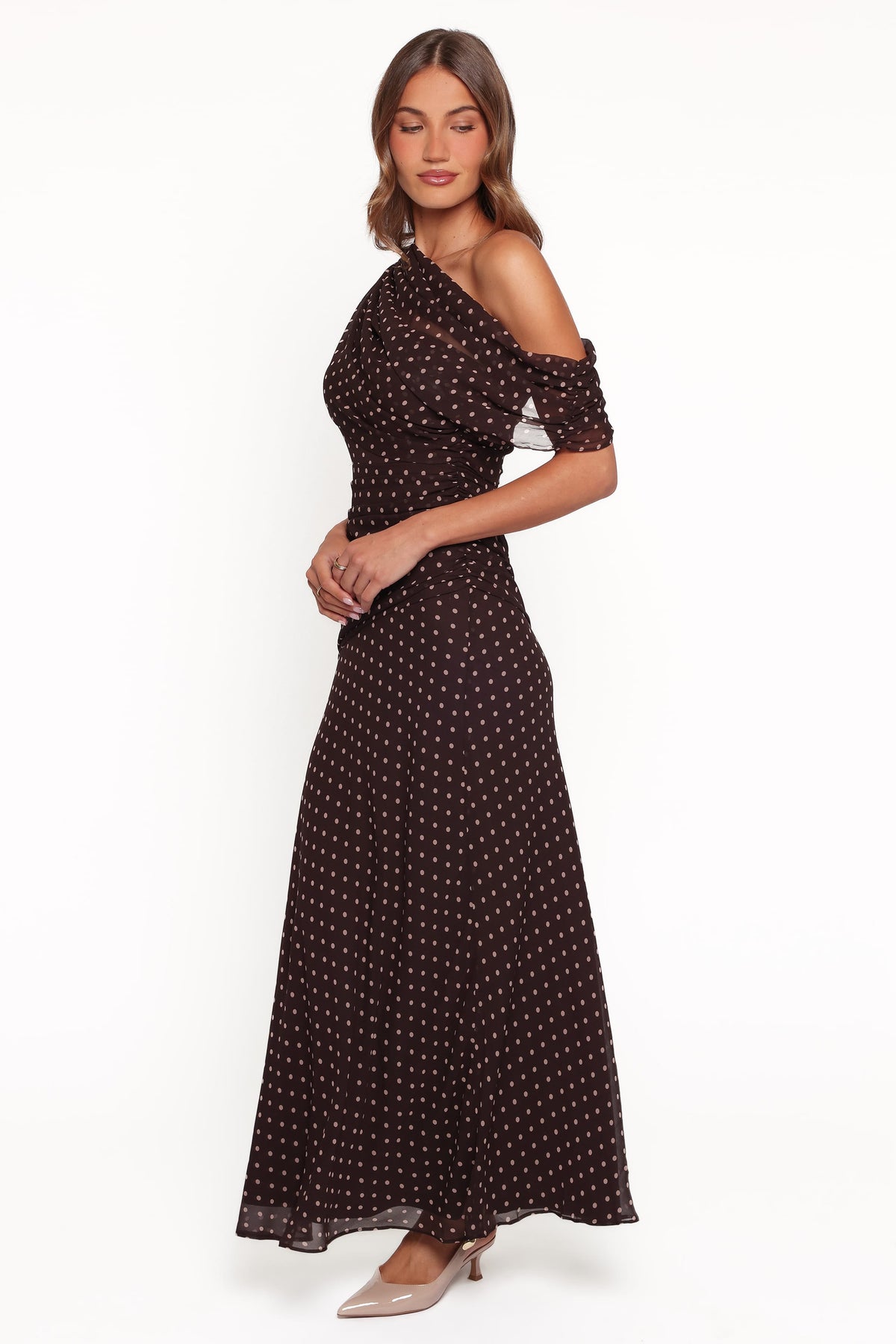 Kyrene Off Shoulder Maxi Dress in Brown Spot – view 3 of 5