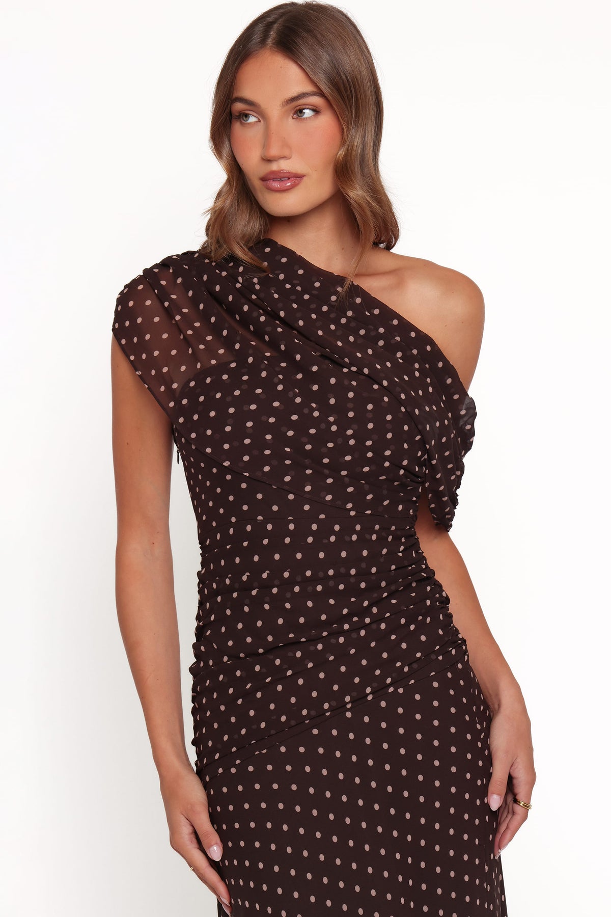 Kyrene Off Shoulder Maxi Dress in Brown Spot – view 2 of 5