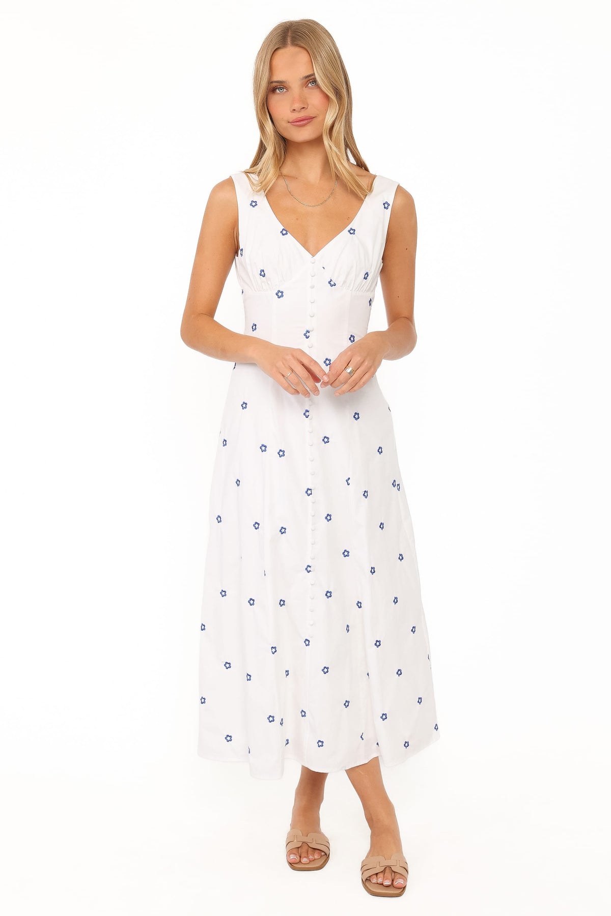Luellen Embroidered Daisy Midi Dress in White – view 1 of 6