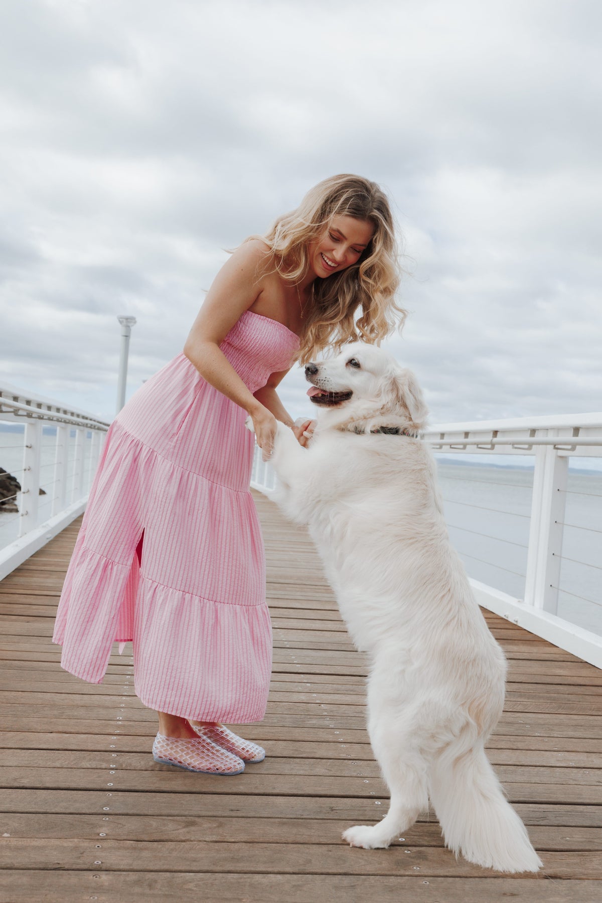 Maisie Strapless Midi Dress in Pink Stripe – view 1 of 8