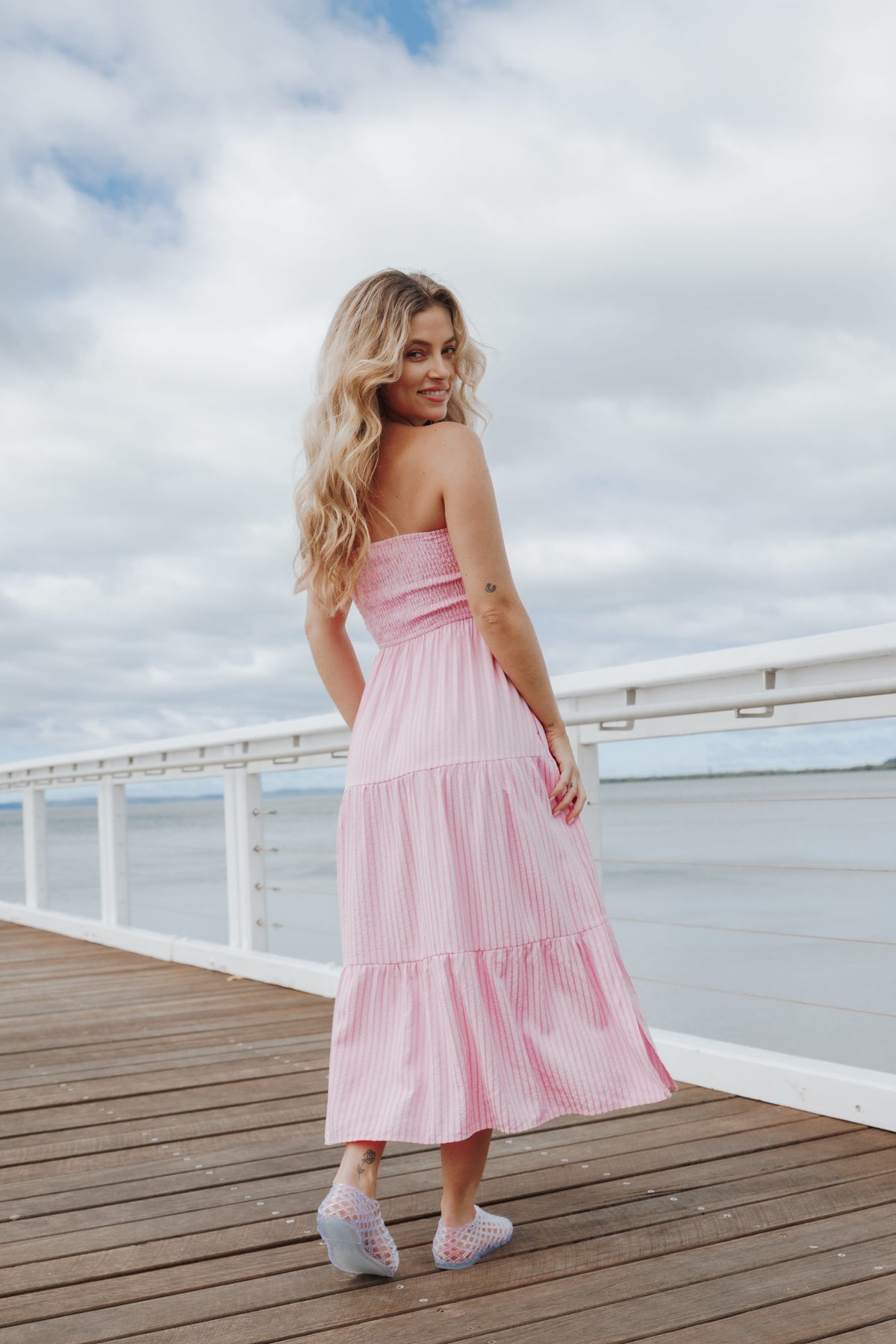 Maisie Strapless Midi Dress in Pink Stripe – view 8 of 8