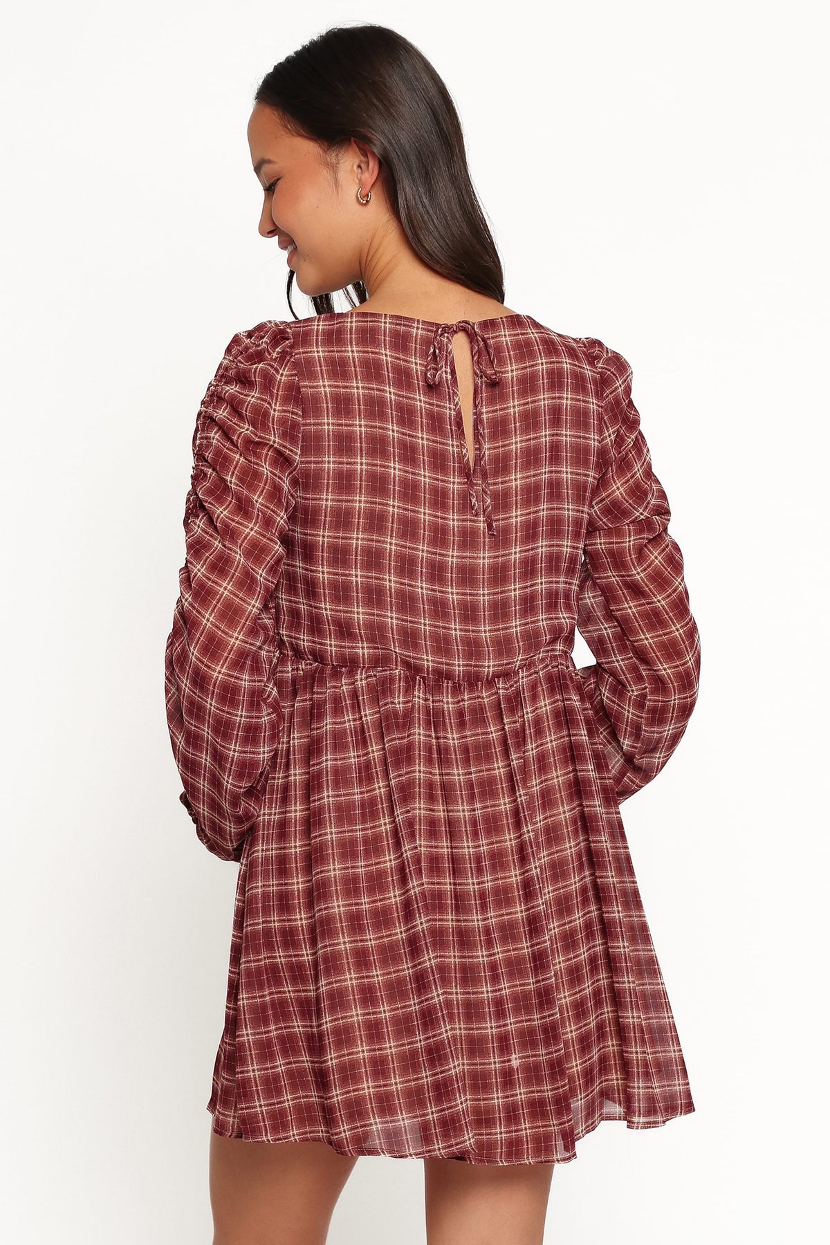 Micaela Long Sleeve Mini Dress in Burgundy Plaid – view 5 of 7