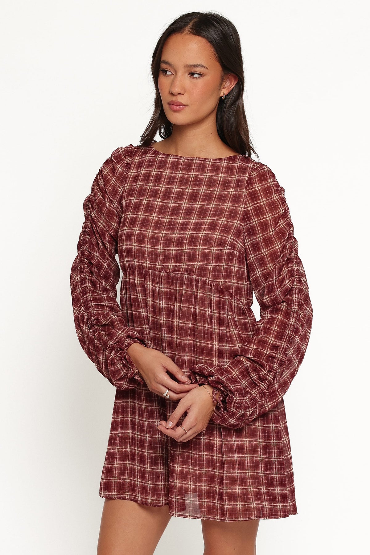 Micaela Long Sleeve Mini Dress in Burgundy Plaid – view 4 of 7