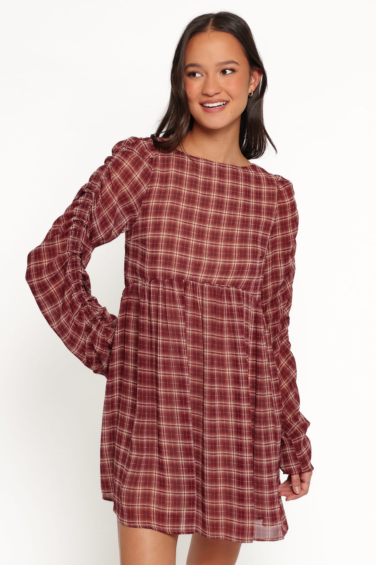 Micaela Long Sleeve Mini Dress in Burgundy Plaid – view 2 of 7