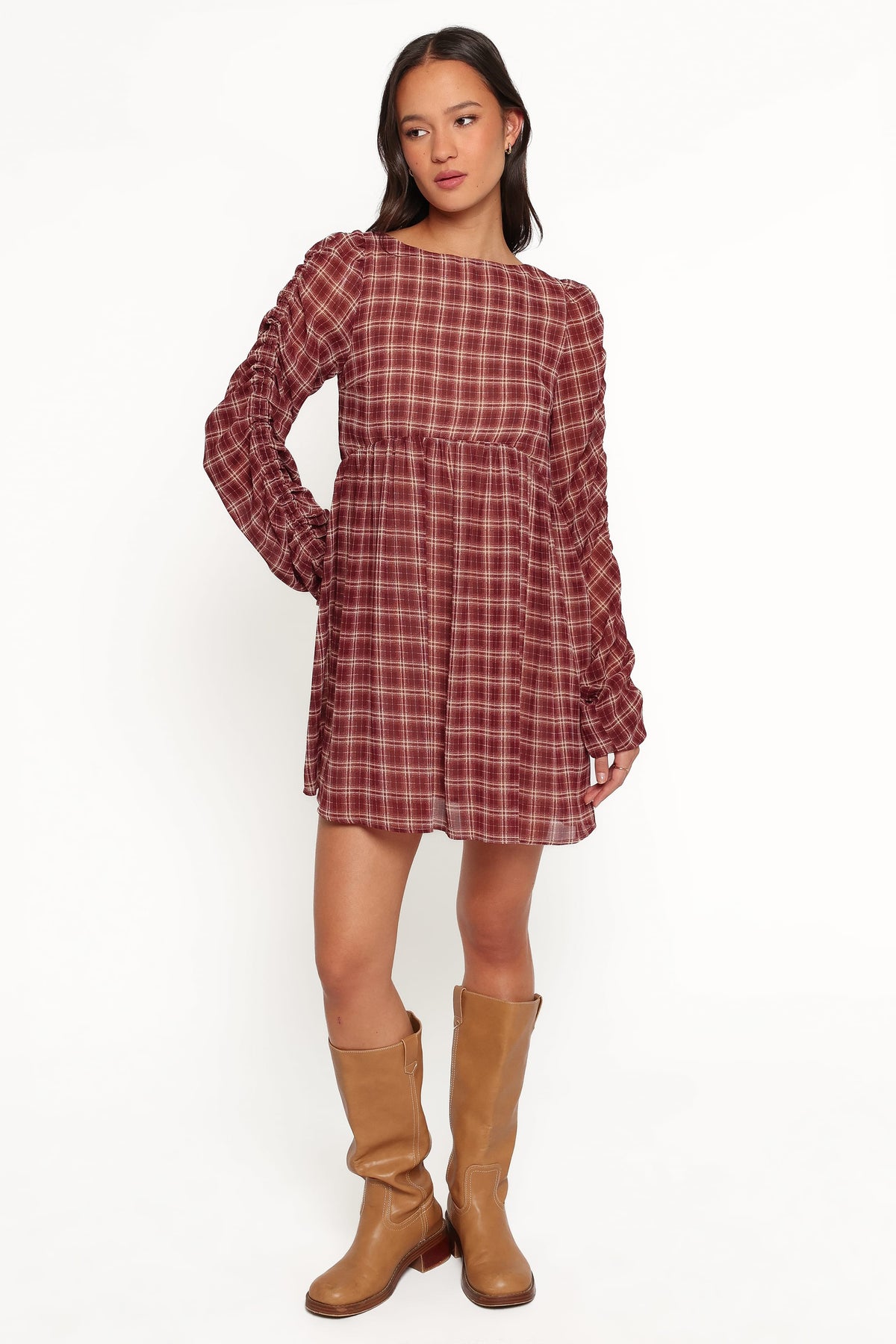 Micaela Long Sleeve Mini Dress in Burgundy Plaid – view 6 of 7