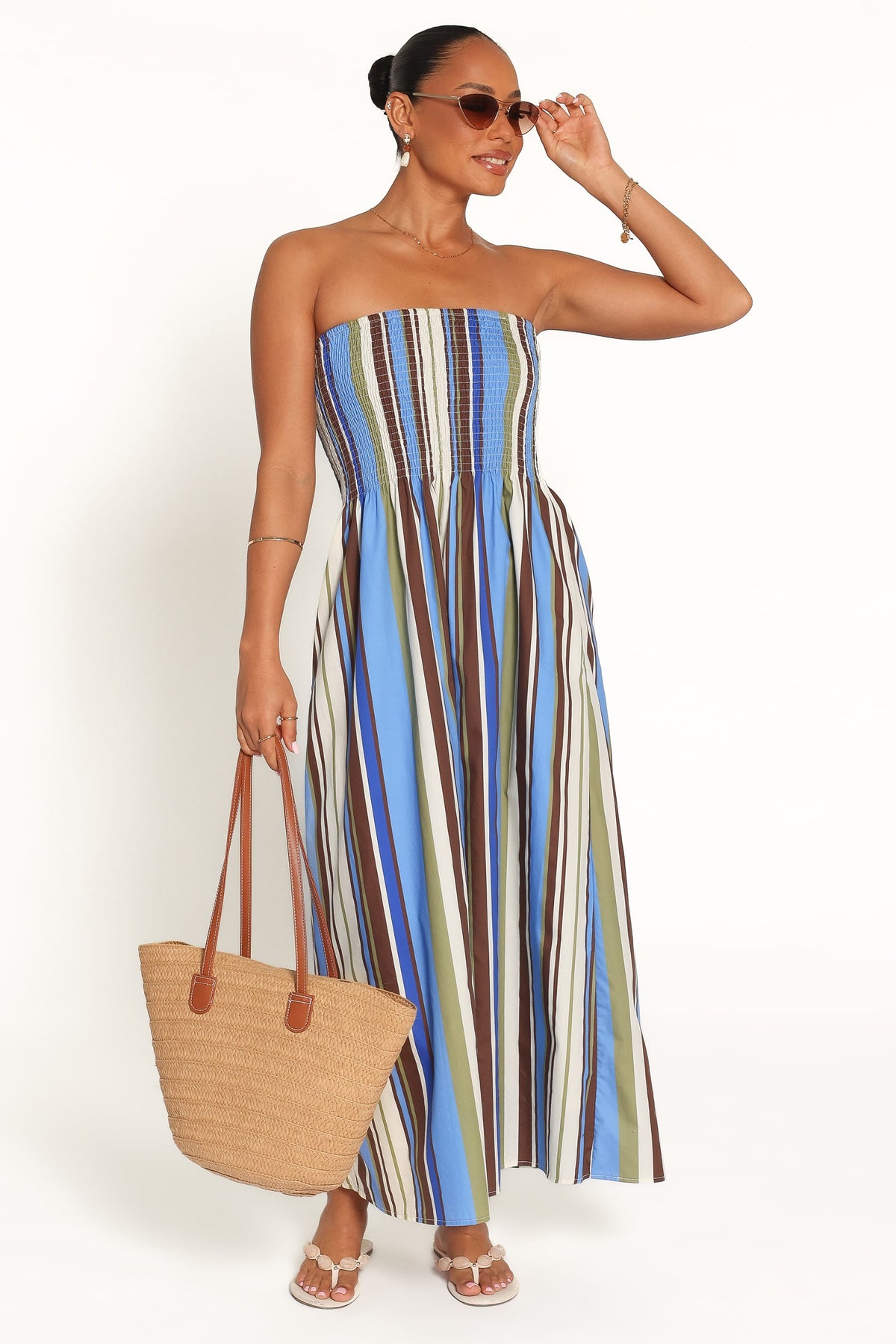 Nella Strapless Maxi Dress in Blue/Khaki Stripe – view 1 of 6