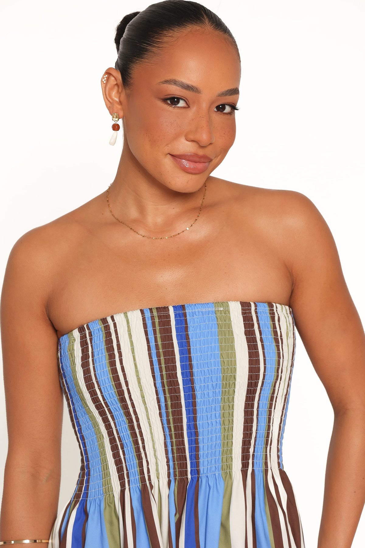 Nella Strapless Maxi Dress in Blue/Khaki Stripe – view 2 of 6