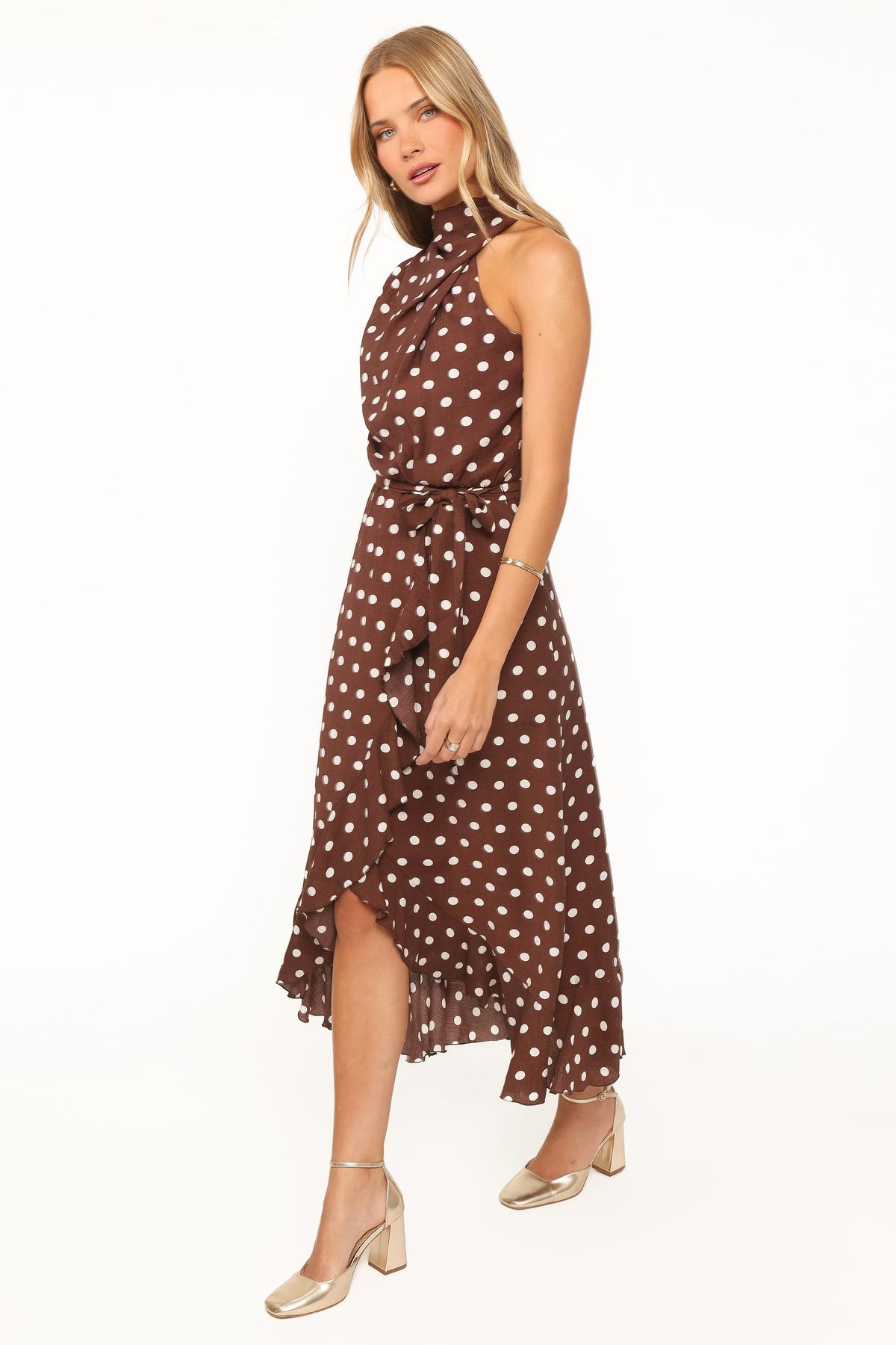 Olana Midi Dress in Brown Polka Dot – view 3 of 5