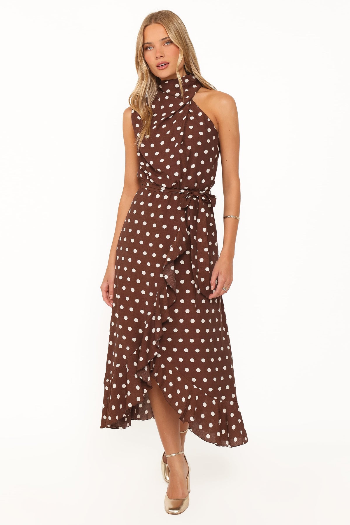Olana Midi Dress in Brown Polka Dot – view 1 of 5