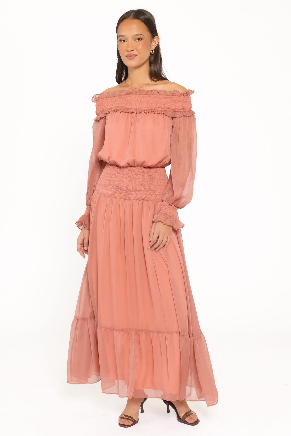 Paris Off Shoulder Maxi Dress in Vintage Mauve – view 1 of 5