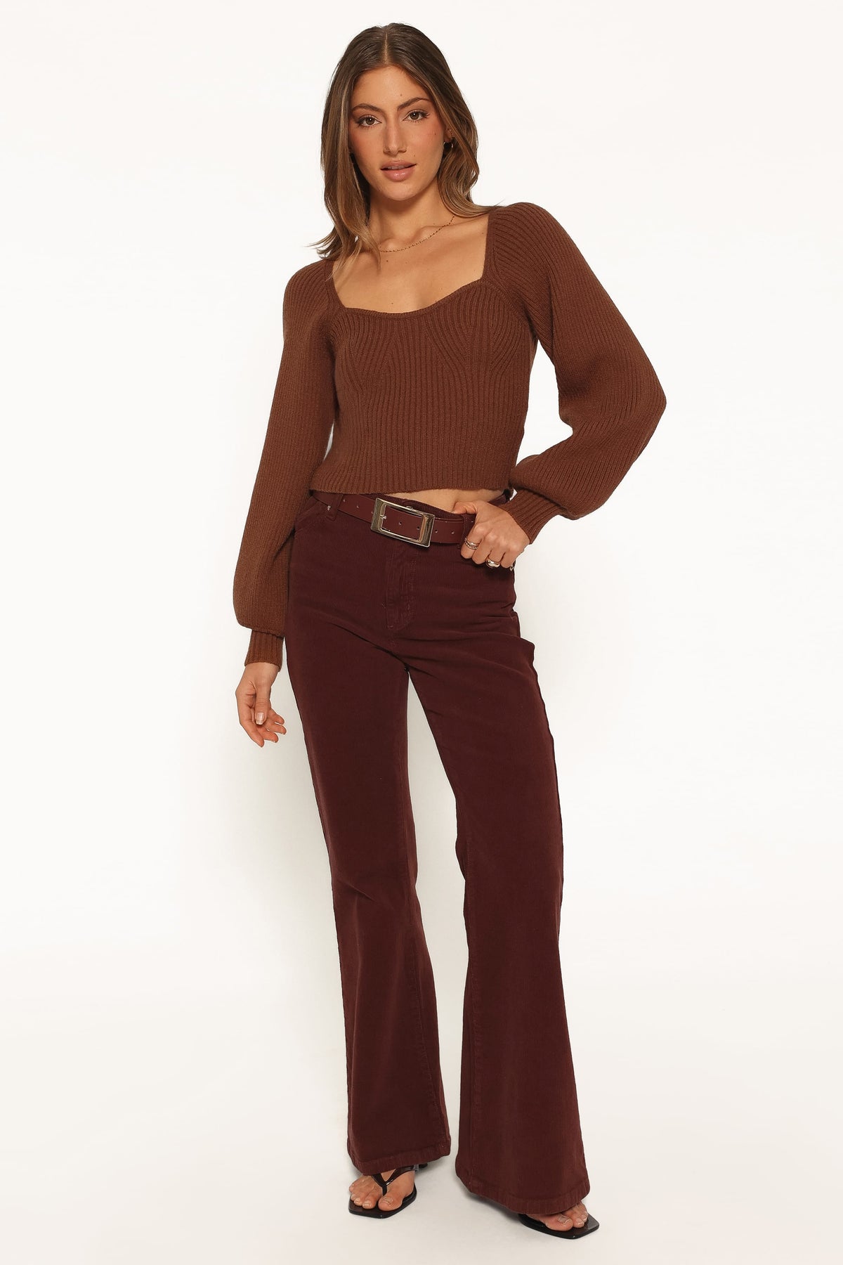 Gia Sweetheart Neck Bell Sleeve Knit Sweater in Chocolate – view 5 of 6