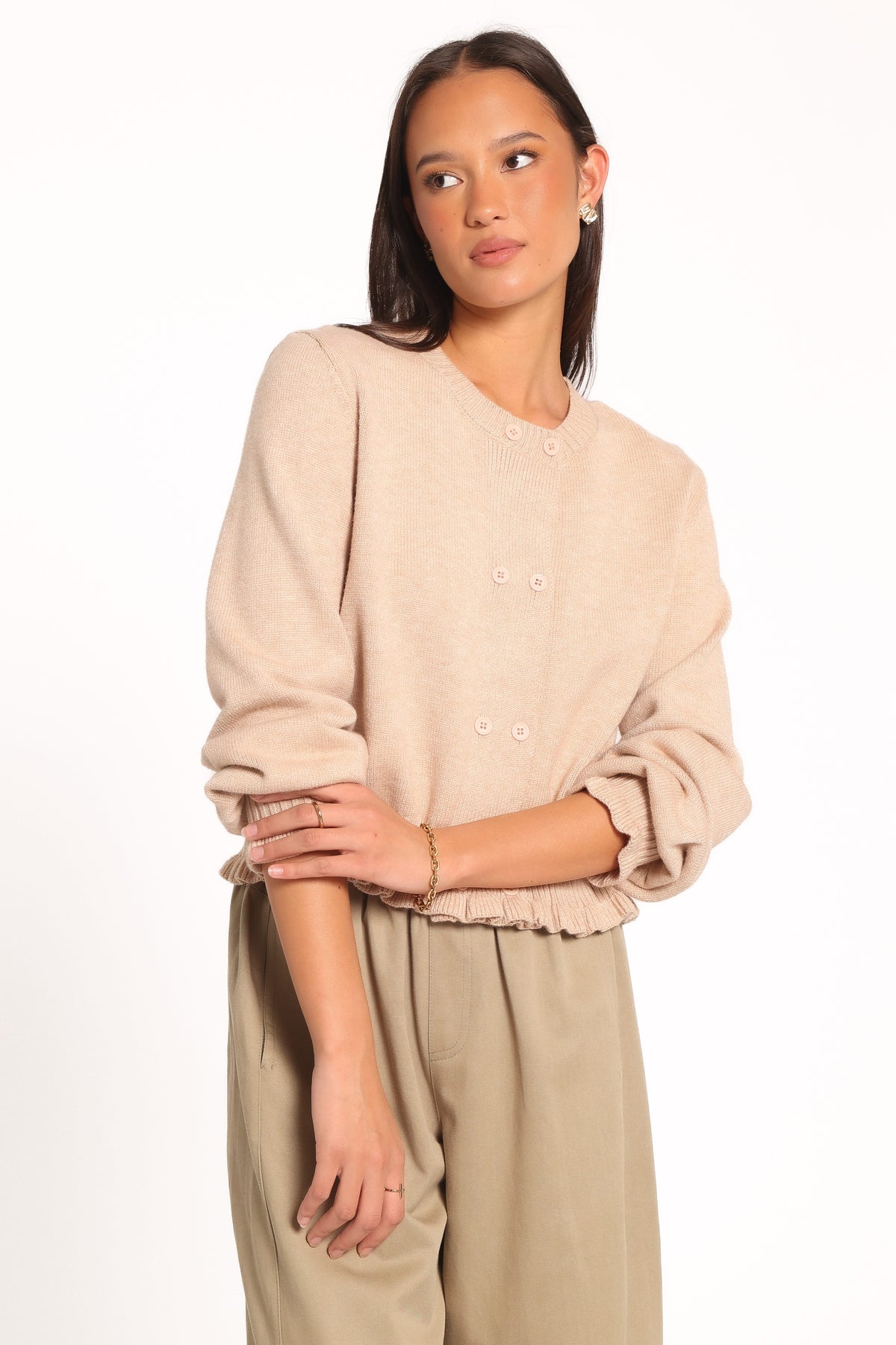 Marjorie Frill Cardigan in Beige – view 2 of 5