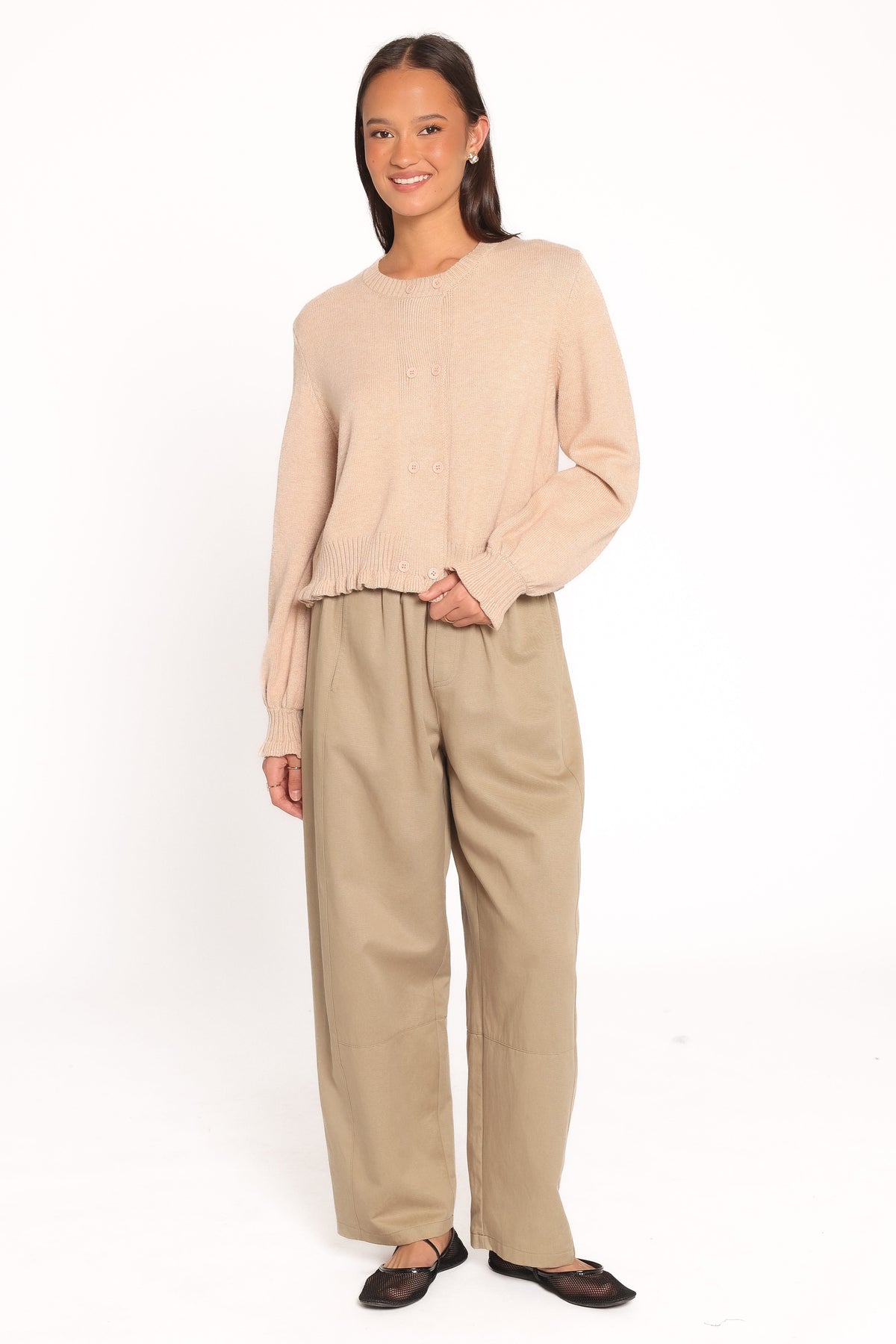 Marjorie Frill Cardigan in Beige – view 3 of 5