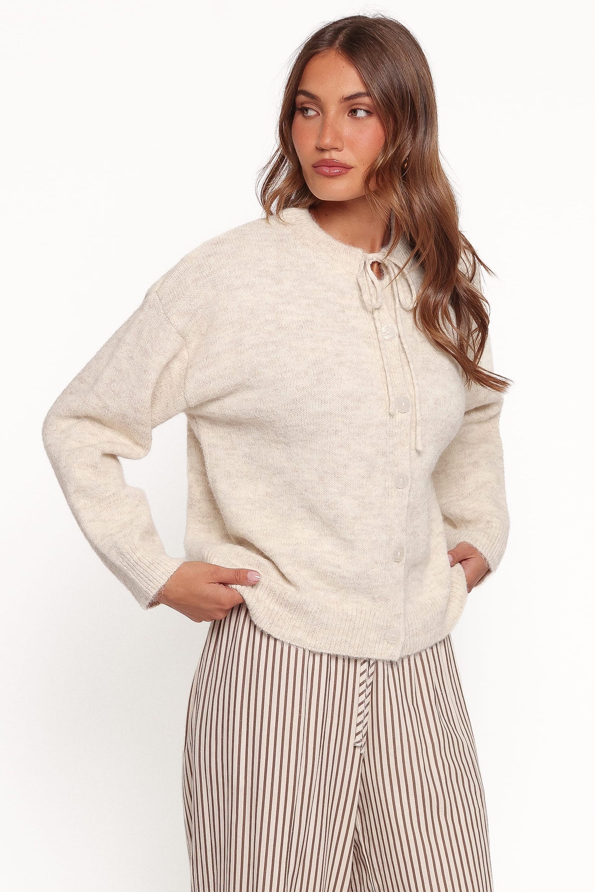 Rita Tie Cardigan in Beige Marle – view 3 of 8