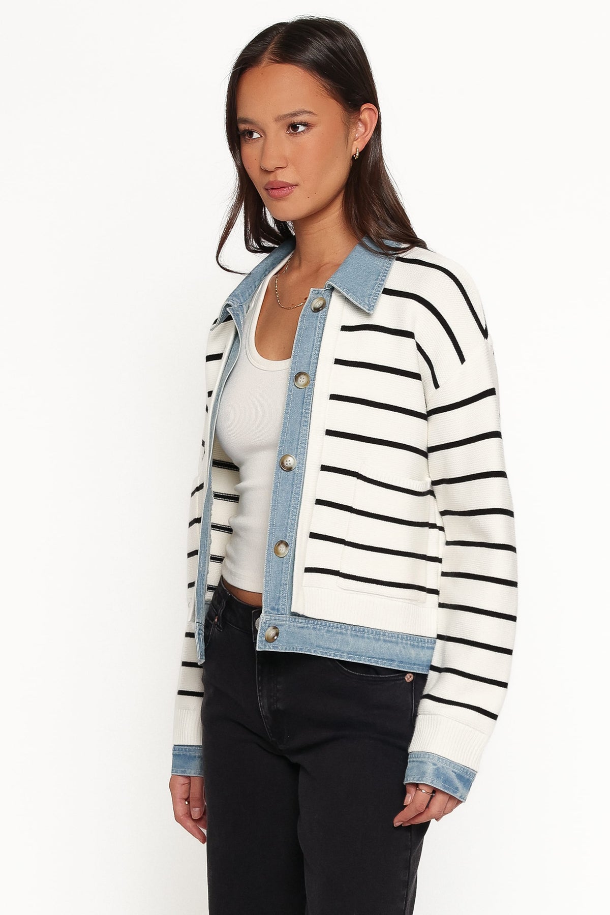 Uma Denim Collar Cardigan in Cream – view 3 of 6