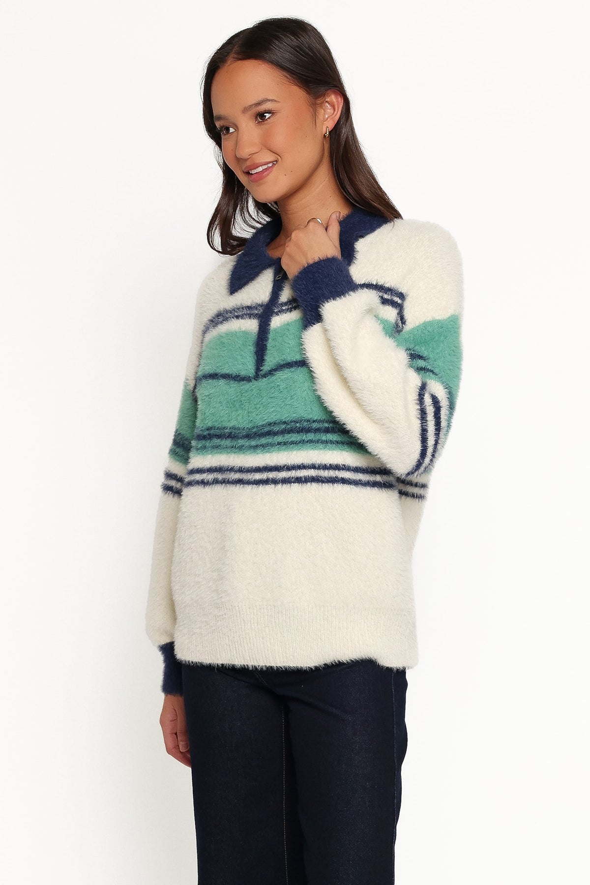 Vickie 1/4 Zip Sweater in Cream Green Stripe – view 3 of 6