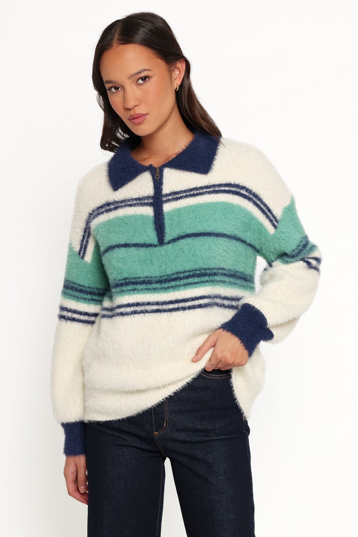 Vickie 1/4 Zip Sweater in Cream Green Stripe – view 1 of 6
