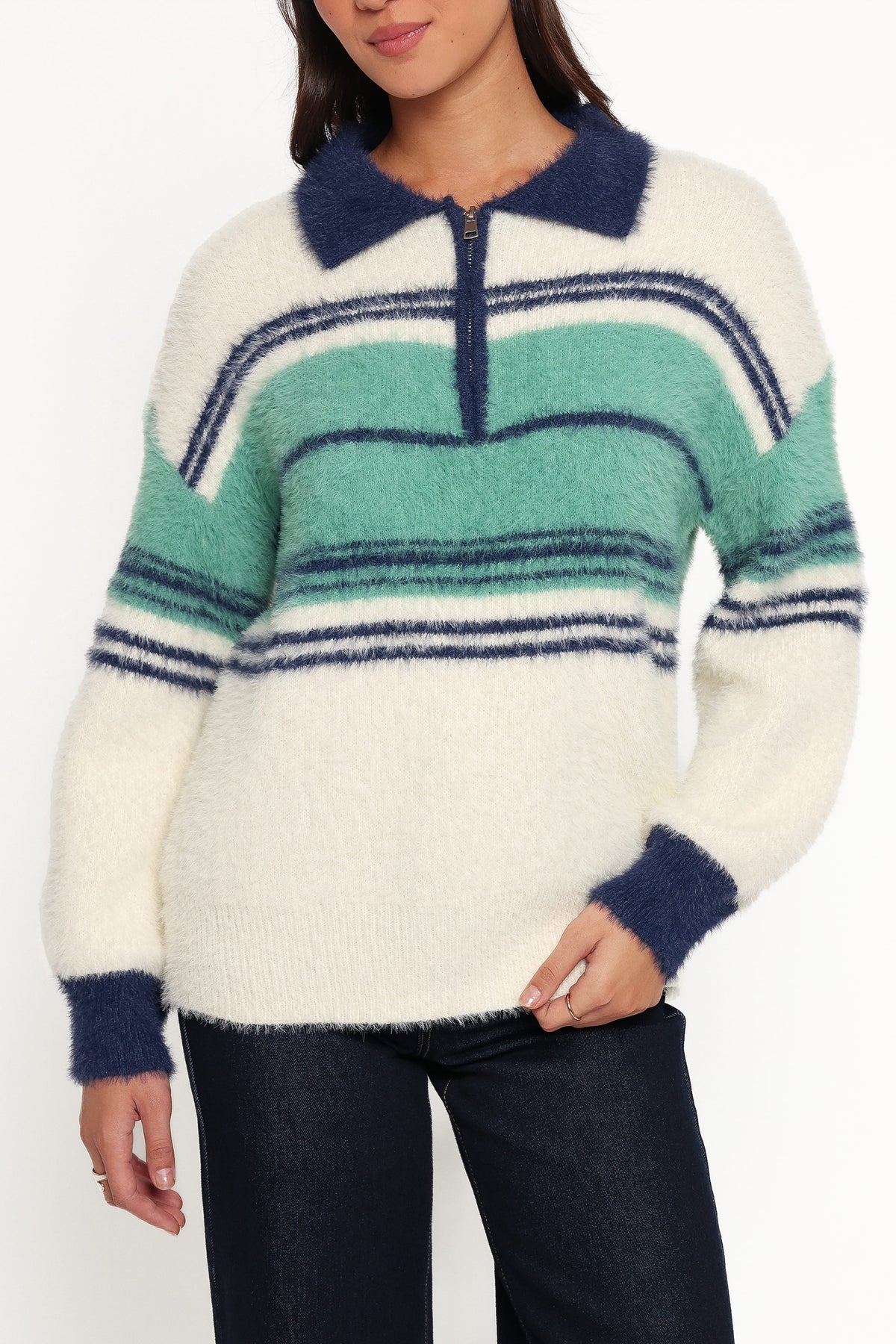 Vickie 1/4 Zip Sweater in Cream Green Stripe – view 2 of 6