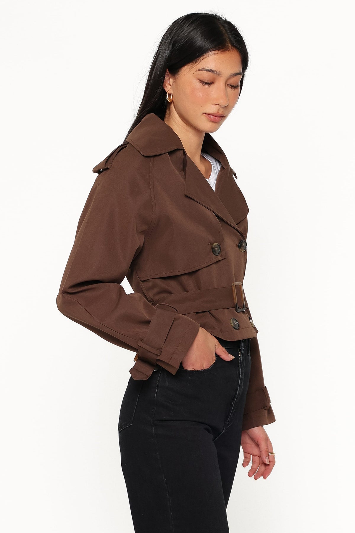 Charlie Cropped Trench Coat in Dark Brown – view 3 of 7