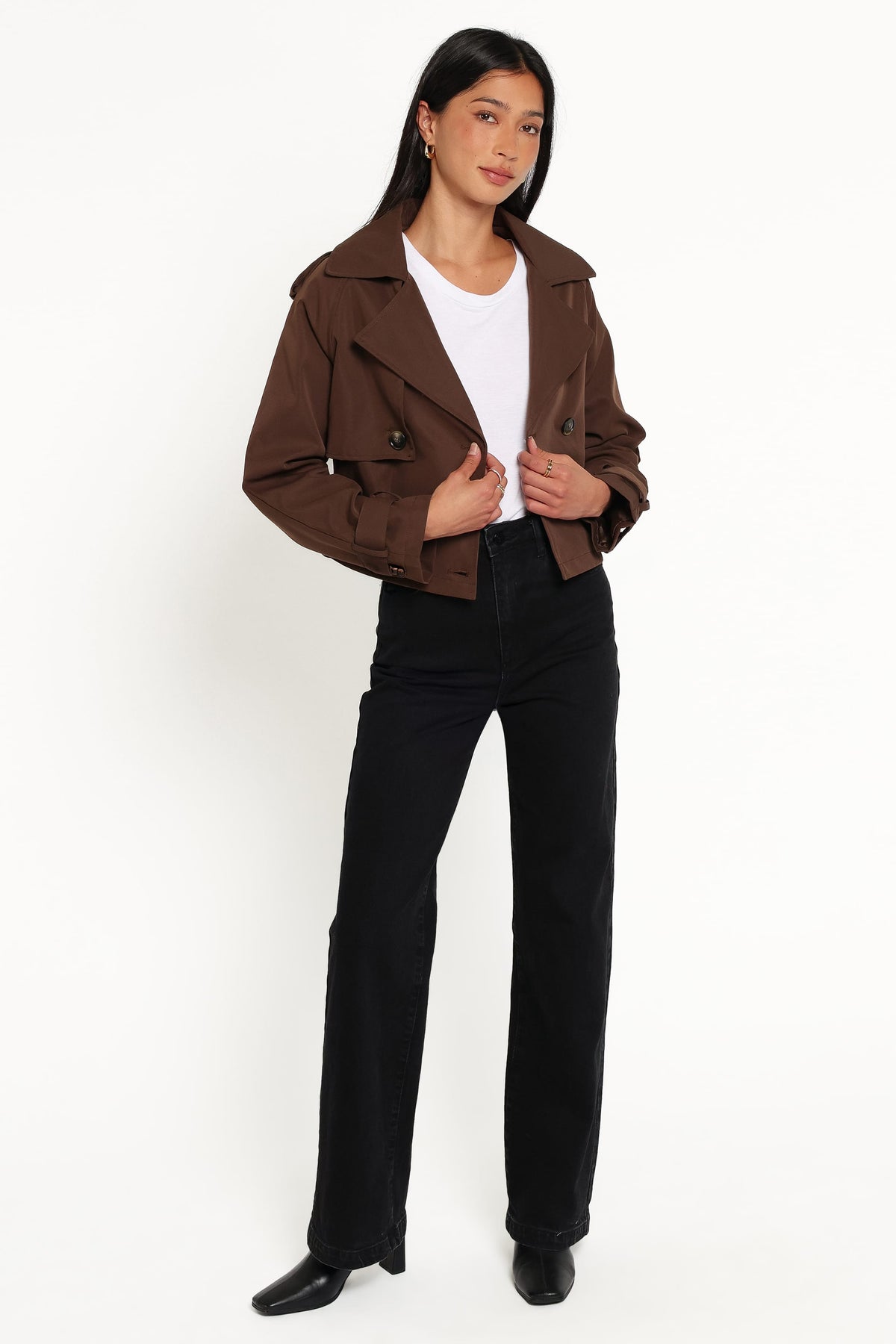 Charlie Cropped Trench Coat in Dark Brown – view 2 of 7
