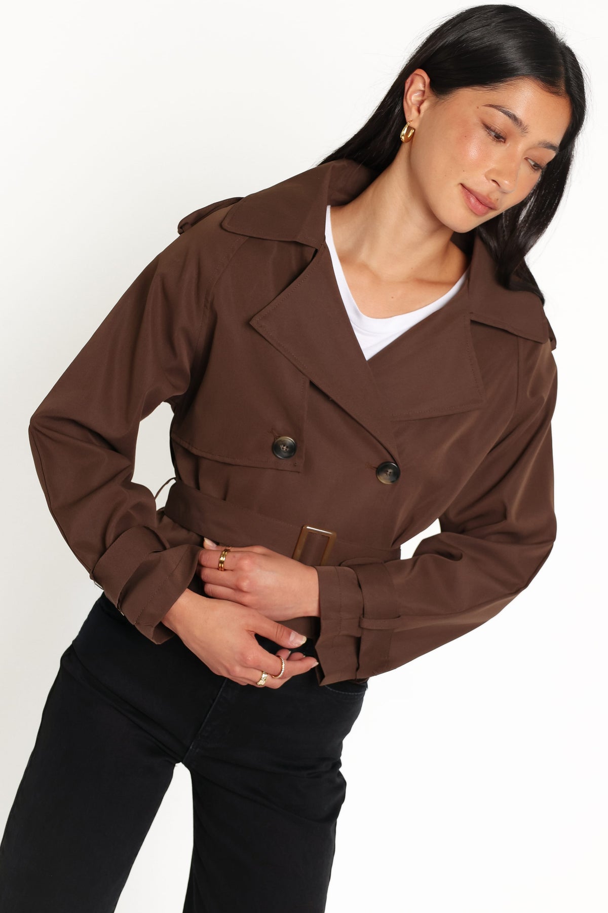 Charlie Cropped Trench Coat in Dark Brown – view 1 of 7