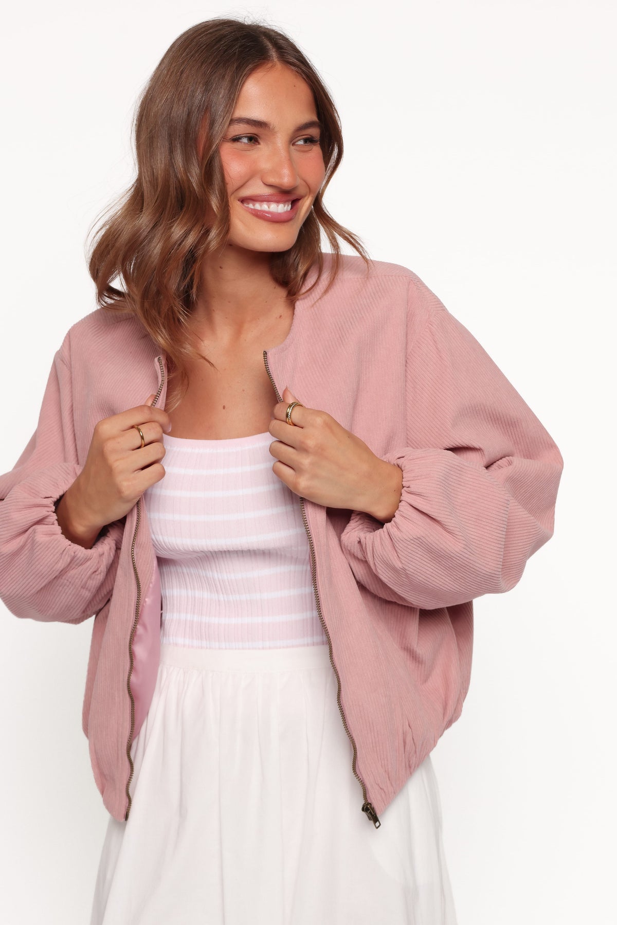 Elisa Cropped Bomber in Dusty Pink Corduroy – view 1 of 8