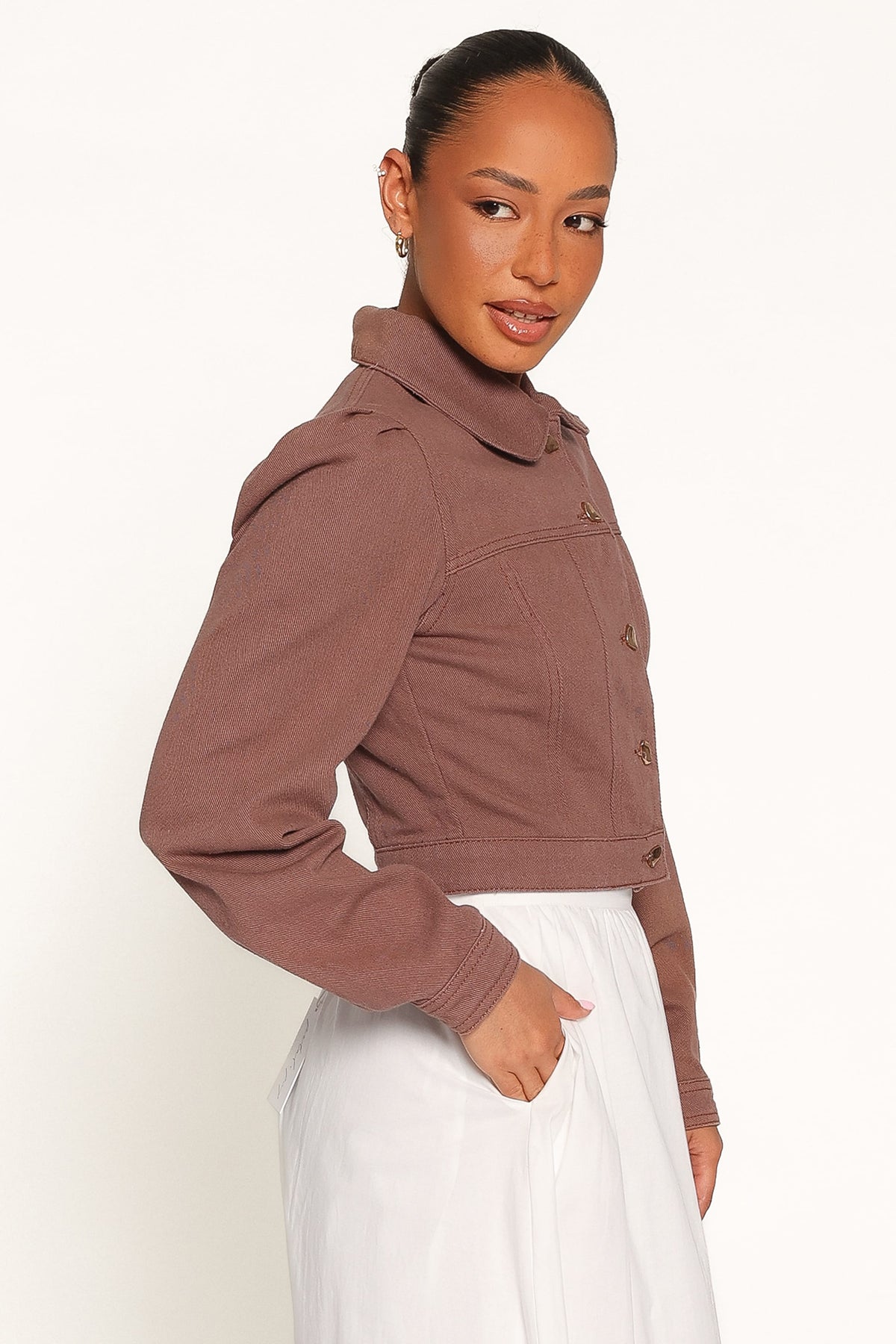 Faven Cropped Denim Jacket in Chocolate Brown – view 3 of 6