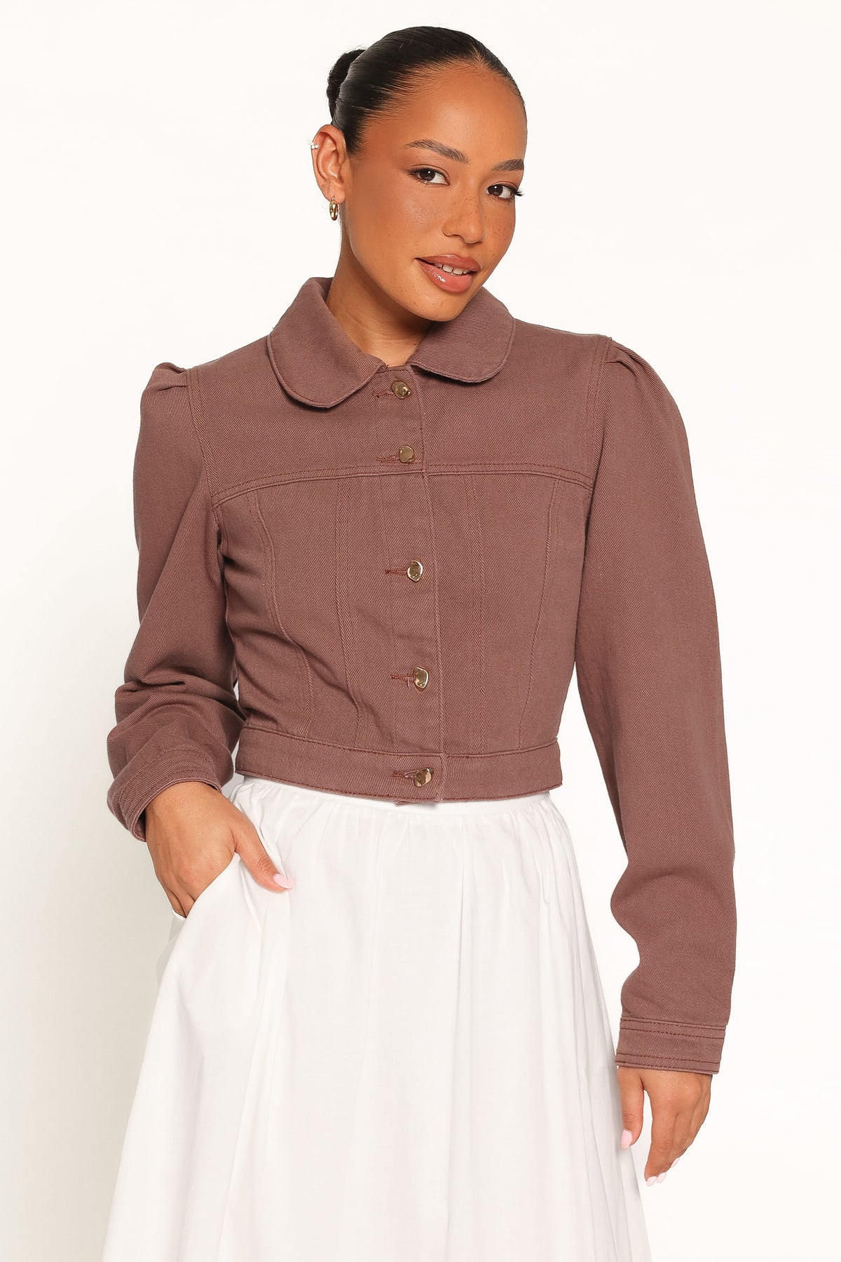 Faven Cropped Denim Jacket in Chocolate Brown – view 2 of 6