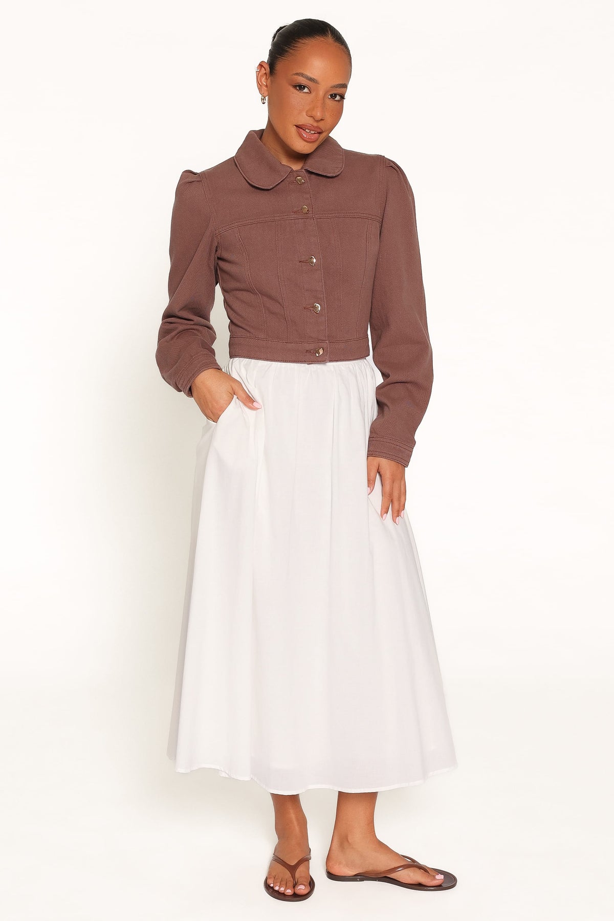Faven Cropped Denim Jacket in Chocolate Brown – view 5 of 6