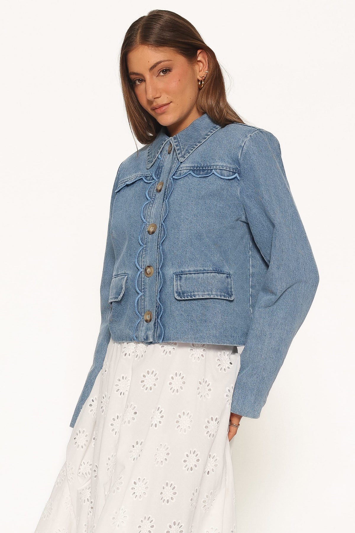 Heidi Scallop Trim Denim Jacket in Medium Wash – view 3 of 6