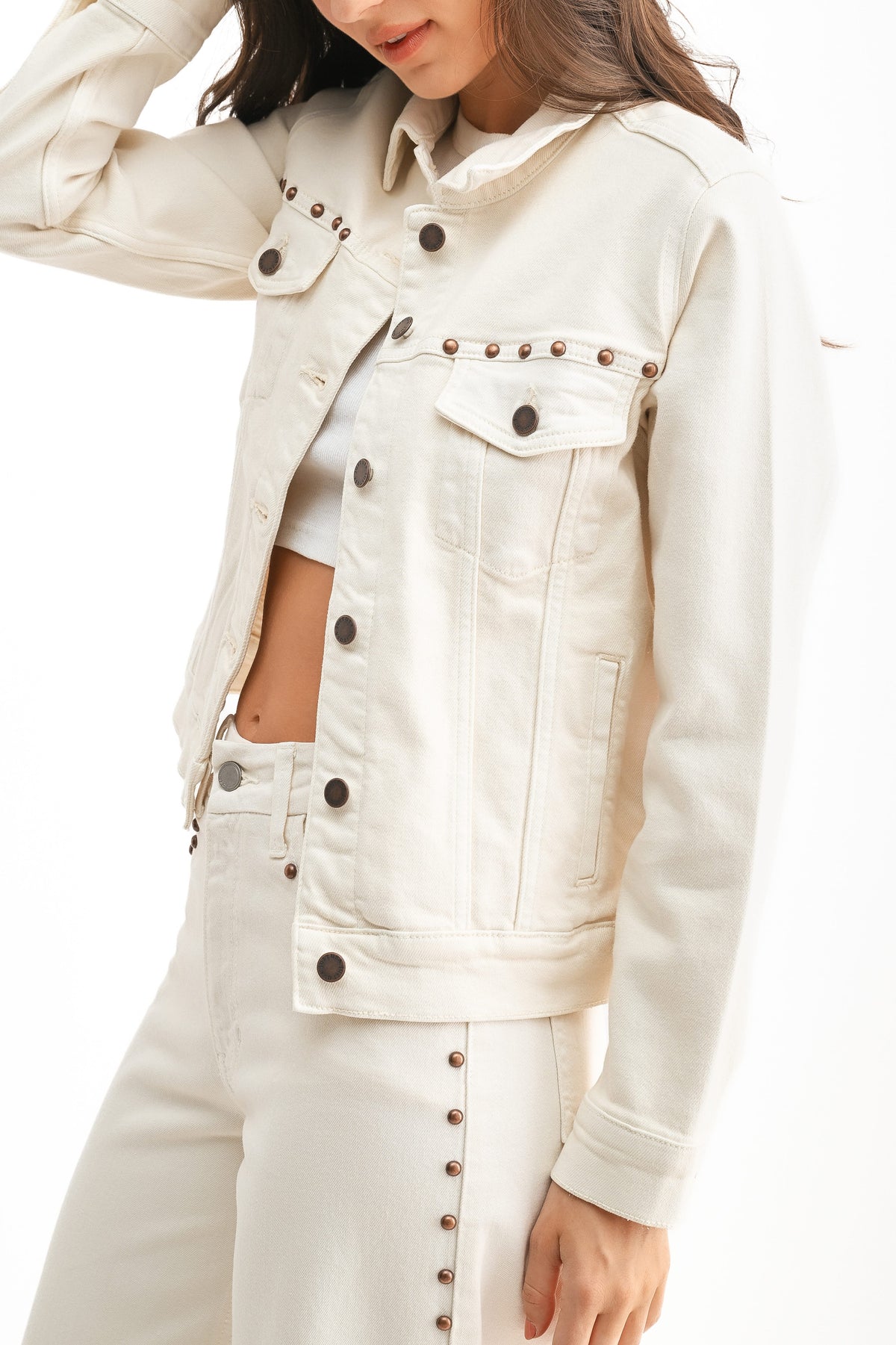 Just Black Studded Denim Jacket in Cream – view 2 of 3