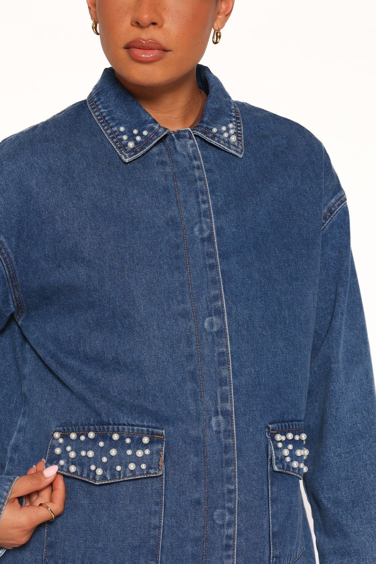 Mandie Pearl Trim Denim Shacket in Indigo – view 2 of 6