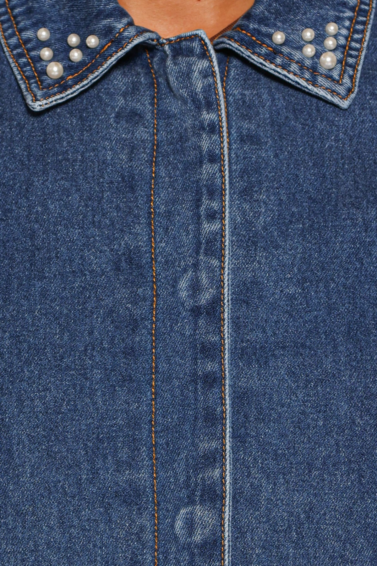 Mandie Pearl Trim Denim Shacket in Indigo – view 6 of 6